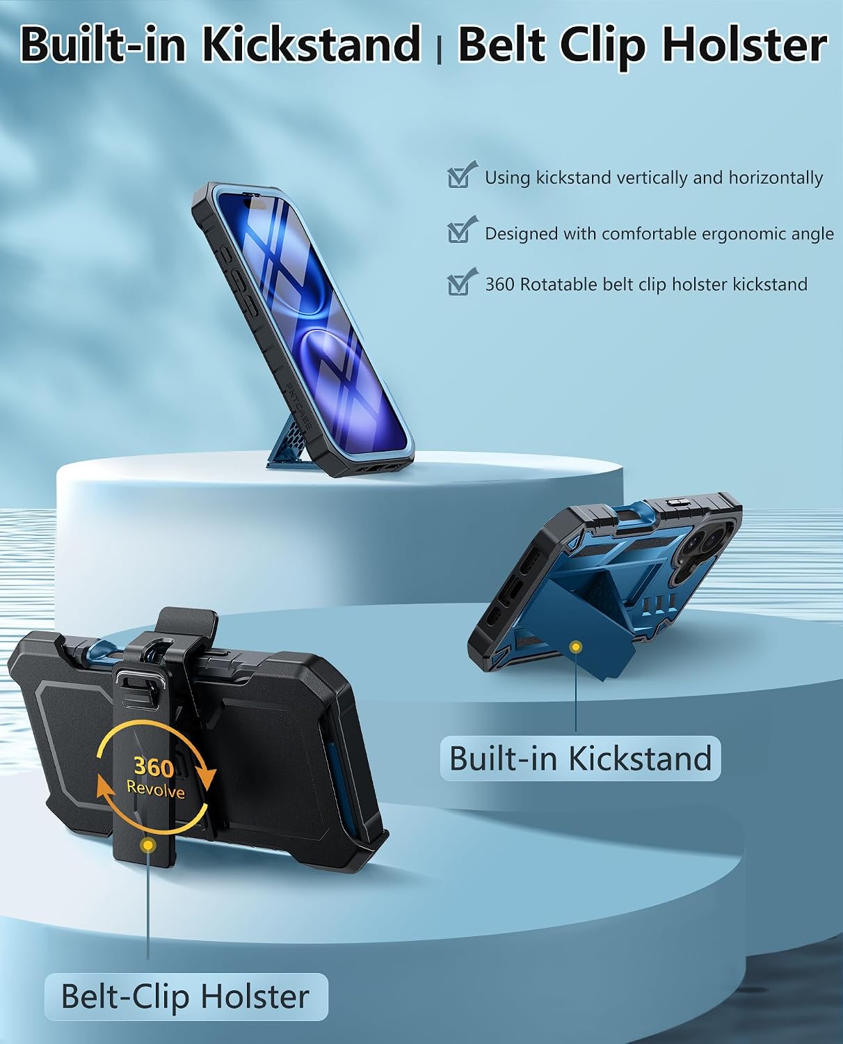 FNTCASE for iPhone 16 Phone Case: Military Grade [Built-in Screen Protector] [Belt-Clip & Kickstand] Matte Drop Proof Protection Cover | Rugged Shockproof TPU Protective Sturdy Cases - Blue thumbnail