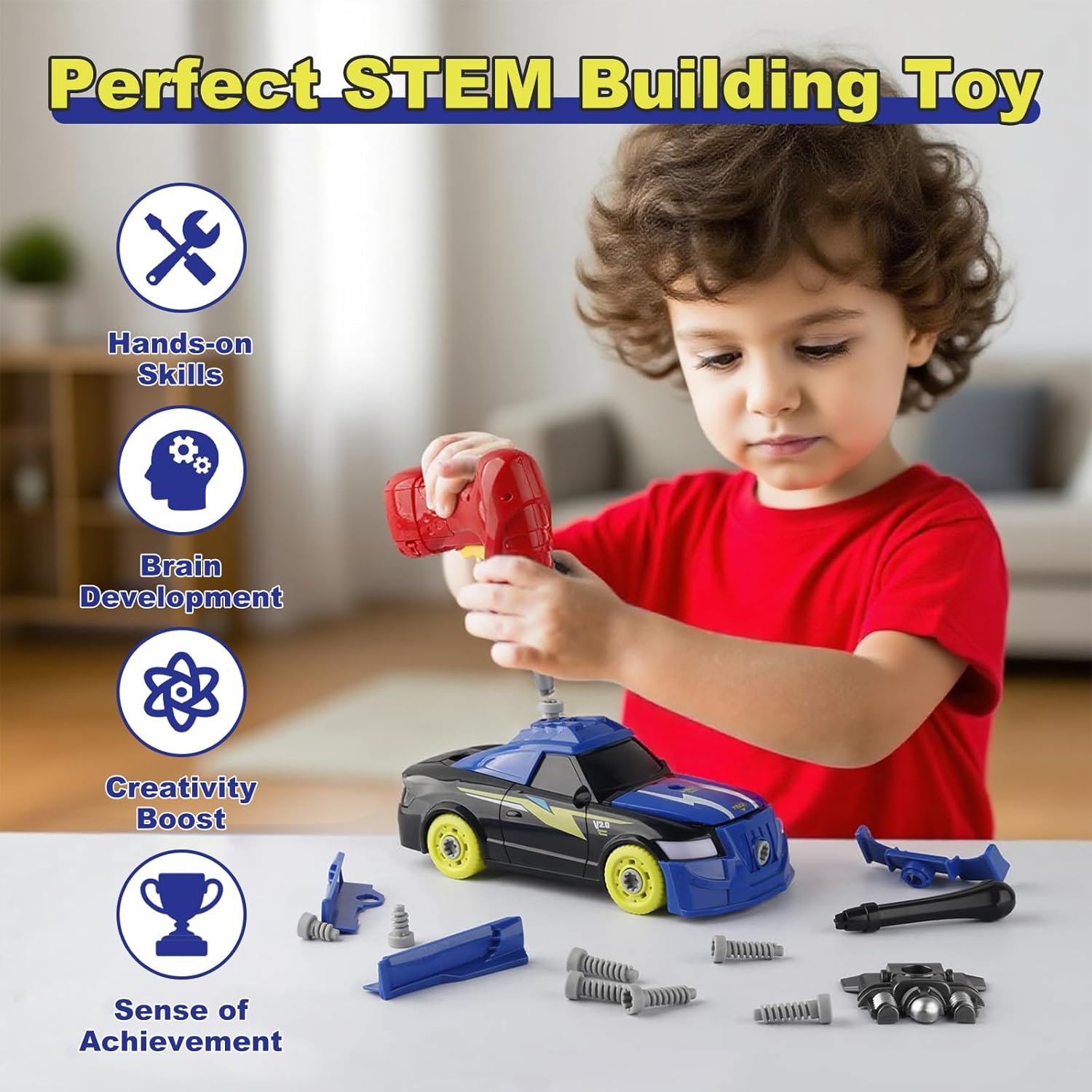 Pup Go Take Apart Toy Racing Car for Kids Age 3+ Year Old, 2 in 1 Build Your Own Car with Realistic Sounds & Lights, Construction Vehicle Toys with Electric Drill, Ideal Gitfs for Boys(4 Spare Screws)