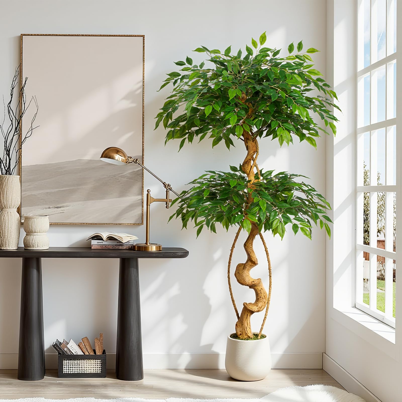 Keepplush - Planta artificial de Ficus, 150 cm con maceta blanca, plantas artificiales grandes como de verdad con tronco curvo y 1488 hojas, planta artificial para decoración interior de sala de estar