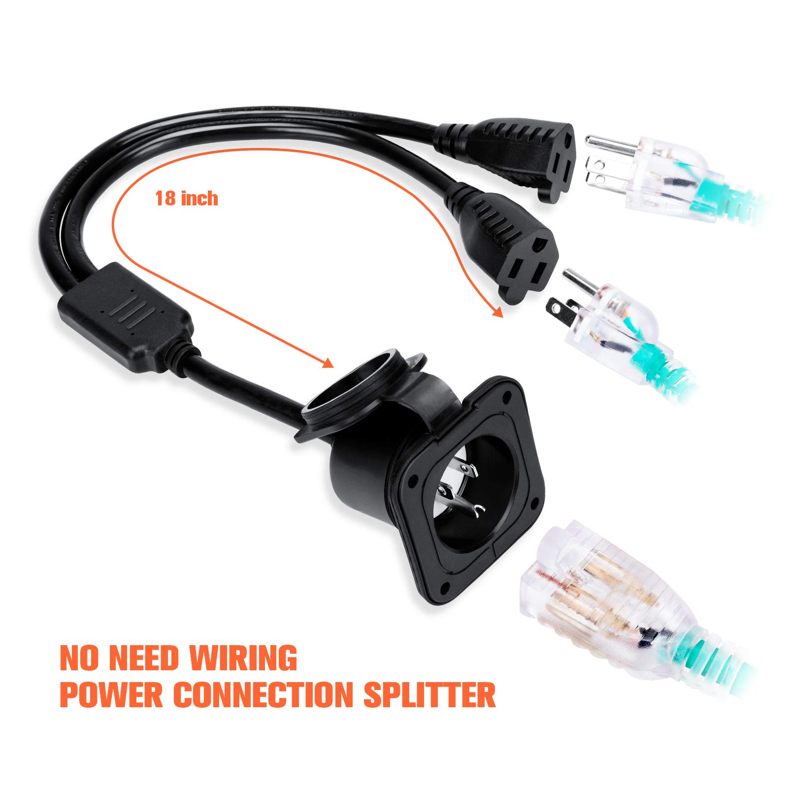 WELLUCK 15 Amp 125V AC Power Inlet Port Plug with Integrated Dual 18" Extension Cord, NEMA 5-15 RV Flanged Inlet with Waterproof & Back Cover Y Splitter Cable, 2 Pole 3-Wire Shore Power Plug for Boat