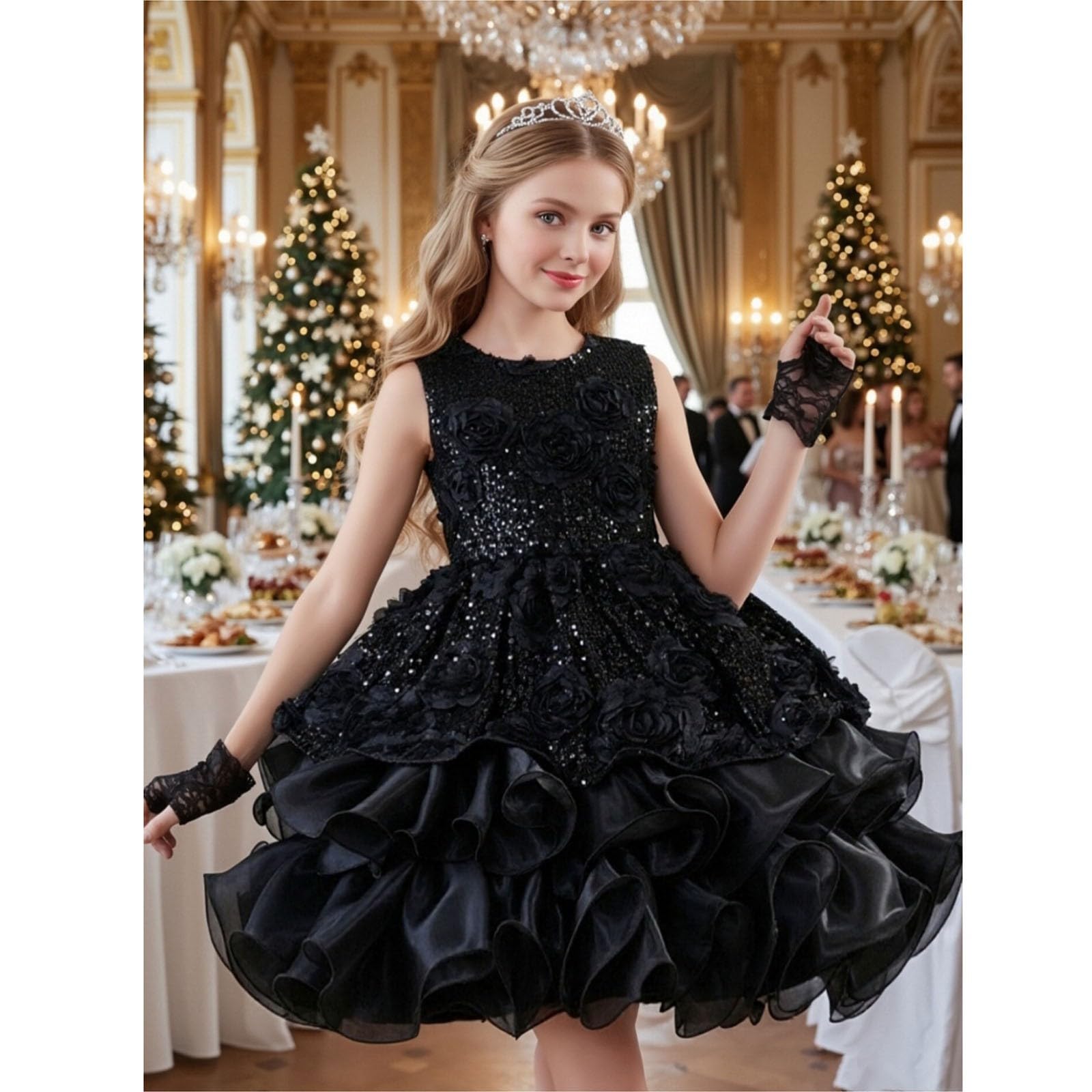 2026 Faldas y Vestidos de Niñas Elegante Vestido de Noche para Niñas Rosa con Lentejuelas Abultado Vestido de Cumpleaños Infantil, 6-13 Años