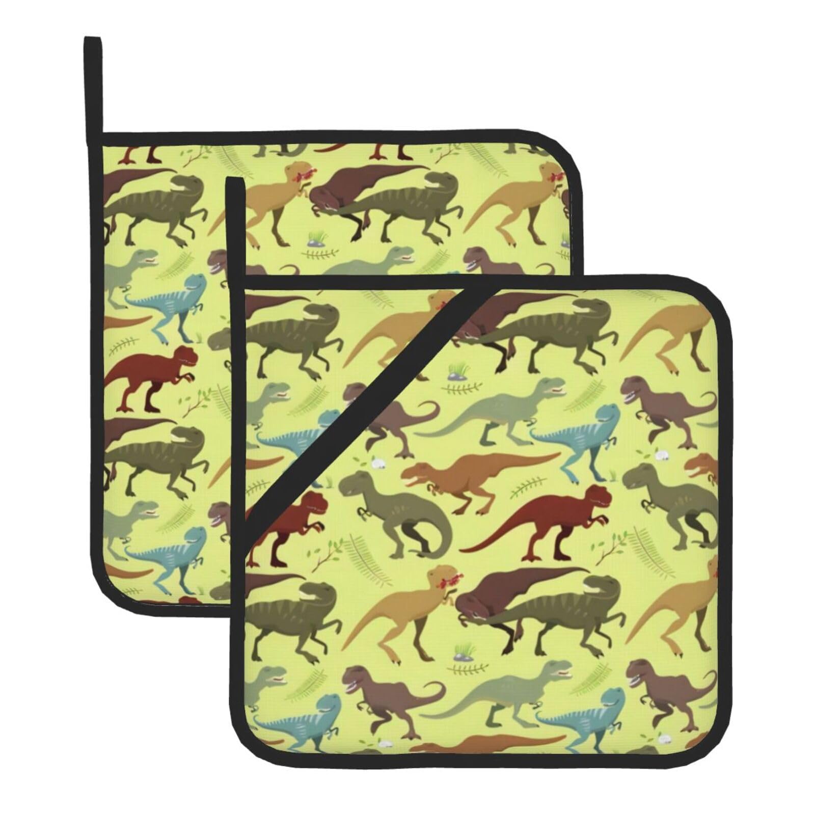 YYHWHJDE Dinosaurs Prints Square Hot Pads for Kitchen Counter - Waterproof Pot Holders with Hanging Loop, Durable Trivets for Microwave Oven - 2 Pack