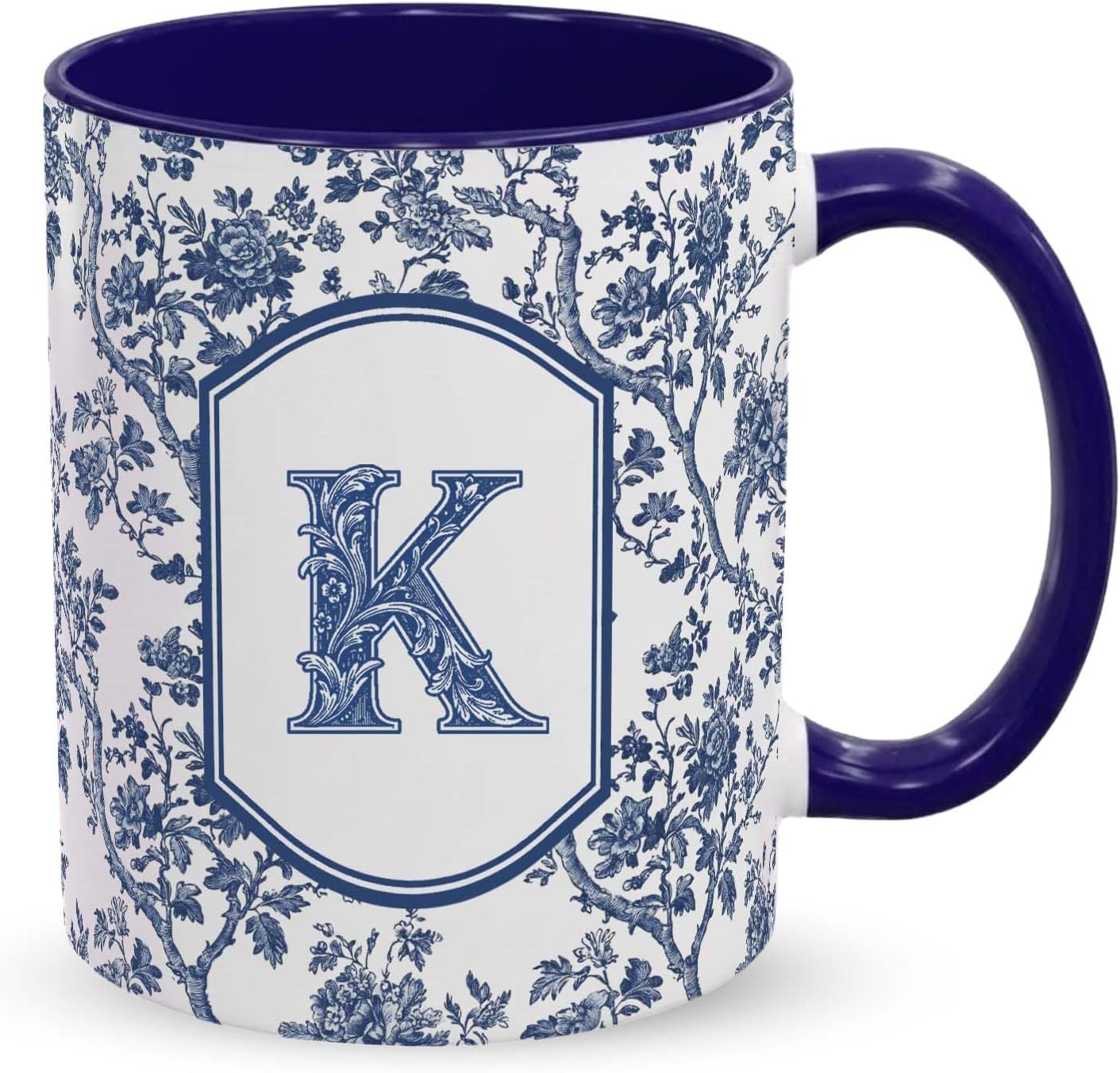 Blue Toile Letter K Mug, 11 oz French Floral Ceramic Coffee Cup Tea Cup with Initials, Personalized Birthday Gifts for Women Men Friend Friendship Unique Aesthetic Mug
