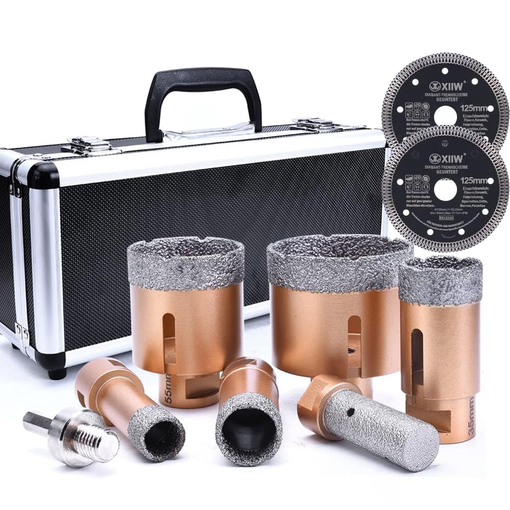 9-częściowy zestaw diamentowych wierteł do płytek M14, 20-27-35-55-68 mm + adapter HEX + frez palcowy 25 mm + 2 x tarcza tnąca 125 mm | wysokość segmentu 15 mm | zestaw otwornic na mokro i sucho do