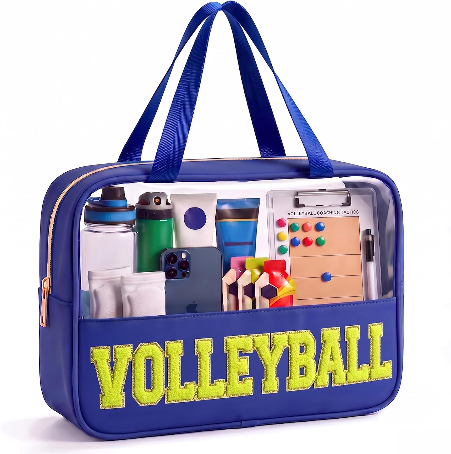 Volleyball Makeup Bag, Volleyball Gifts for Team, Chenille Letter Patch Clear Cosmetic Bag with Handle and Zipper, Waterproof Nylon Toiletry Pouch for Girls Women, Volleyball Tournament Must Haves