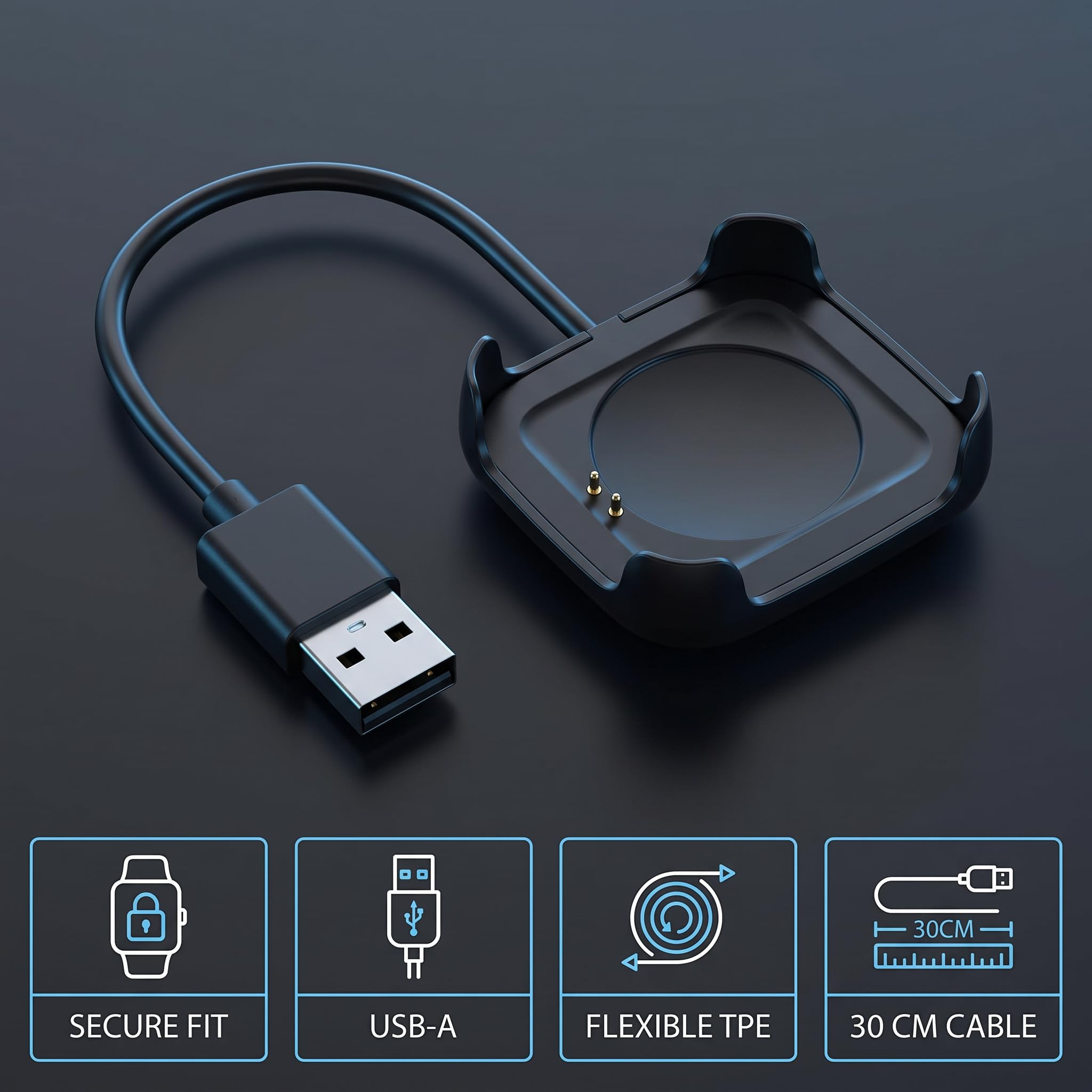 Schwarzes Ladekabel für HW22 Smartwatch, Smartwatch, magnetisches Ladegerät, Federhalterung, USB-Adapterkabel (30 cm), Smartwatch-Kabel und Ladegeräte
