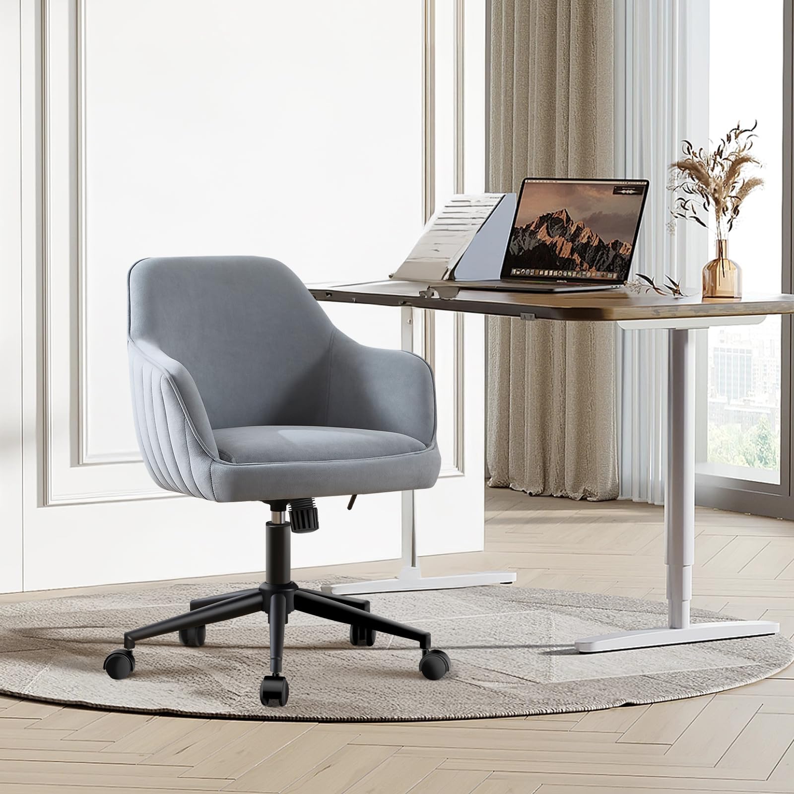 BERYTH Bürostuhl Homeoffice Samt Schminktischstuhl bis 136 kg Belastbar Ergonomischer Höhenverstellbar Drehstuhl 360° Drehbarer Schreibtischstuhl Leisen Rollen Studierzimmer Schlafzimmer Heimbüro Grau