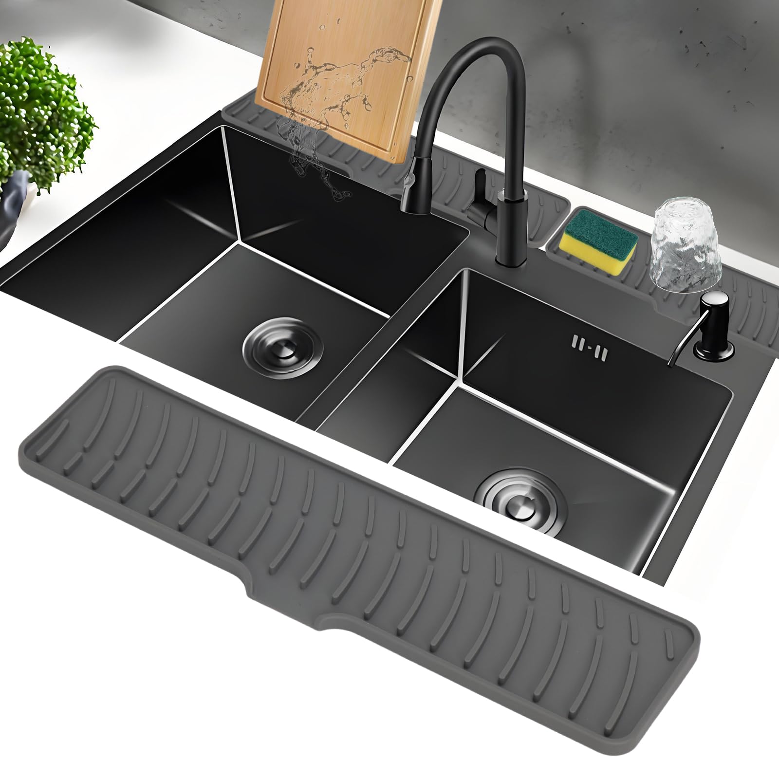 JNCST 2-Pack Silicone Draining Mats Set (42 * 10cm x 2) - Dual-Zone Narrow Splash Guard & Faucet Drip Catcher Tray Anti-Slip Draining Mat Protector for Kitchen & Bathroom Sinks (Grey)