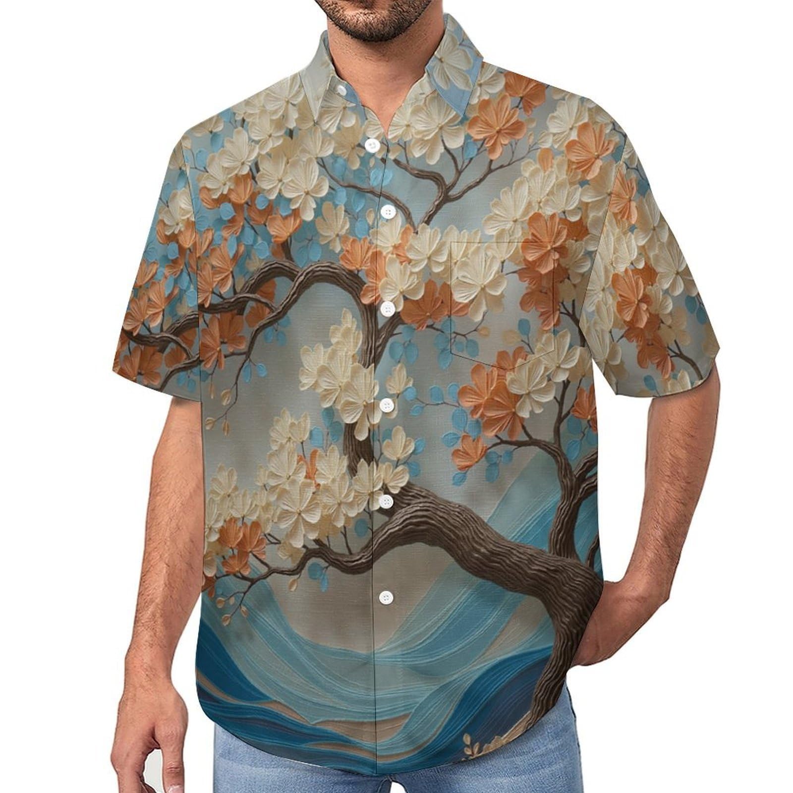 Funky Camicia Hawaiana Uomo, Manica Corta Design Aloha Camicie con Bottoni, Estiva Camicie a Onde Fiori Alberi Casual Stampa Spiaggia Estate Arte Tradizionale Camicia
