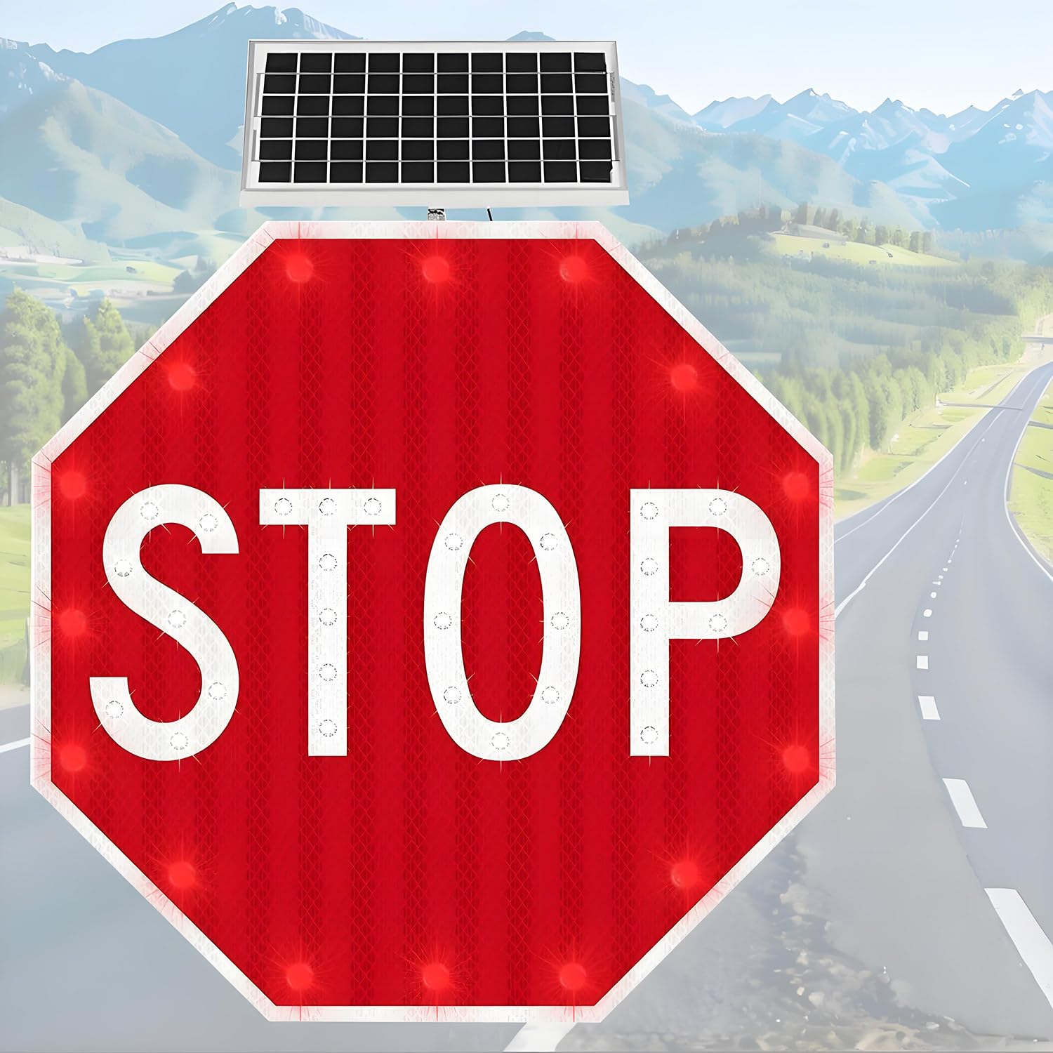 Znak STOP zasilany energią słoneczną z diodami LED – 24"/32" znaki drogowe z migającym światłem STOP zasilane energią słoneczną, aluminiowy znak drogowy do budowy parkingu drogowego 60 * 60cm