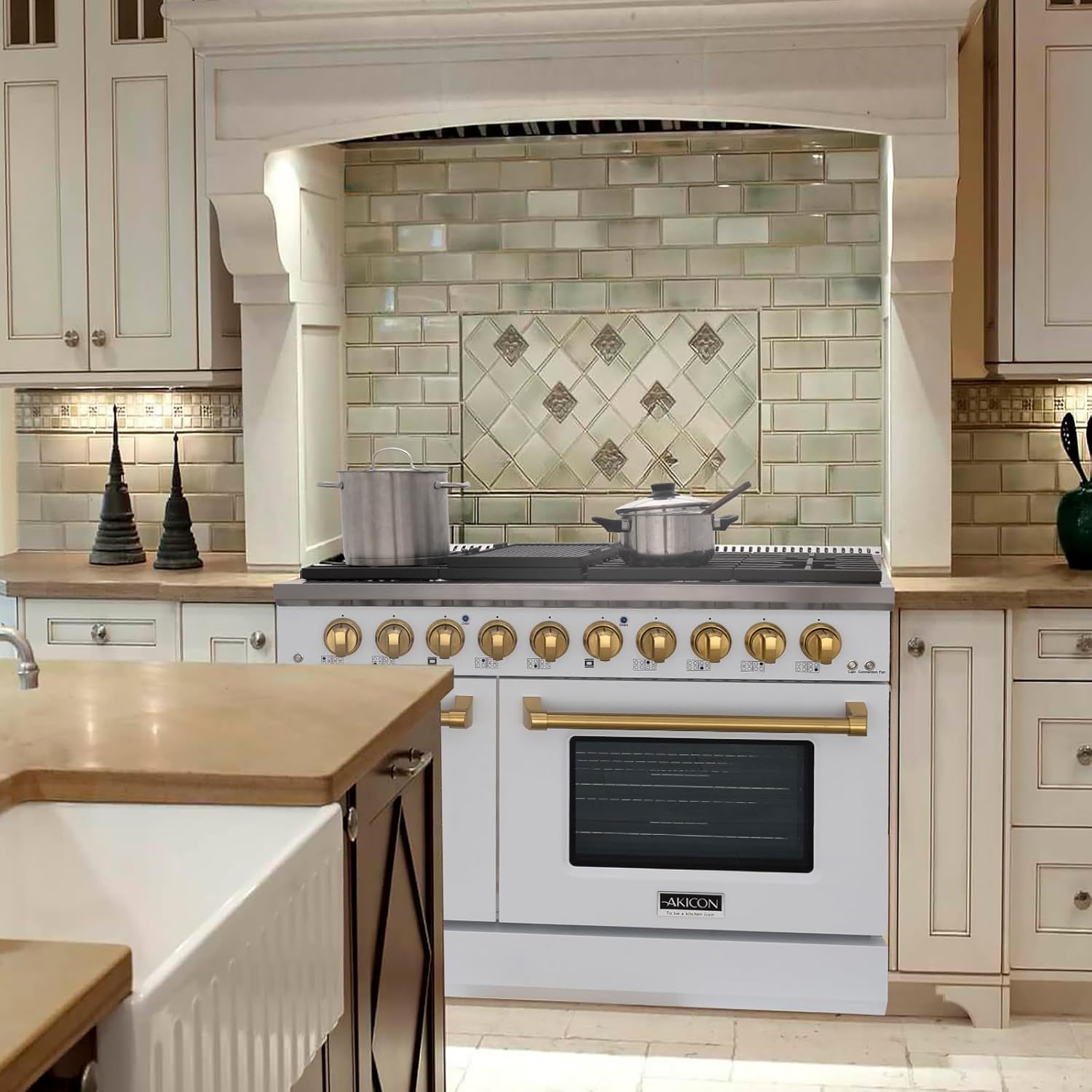 Akicon 48" Slide-in Freestanding Professional Style Gas Range with 6.7 Cu. Ft. Oven, 8 Burners, Convection Fan, Cast Iron Grates, & Blue Porcelain Oven Interior, In White with Gold
