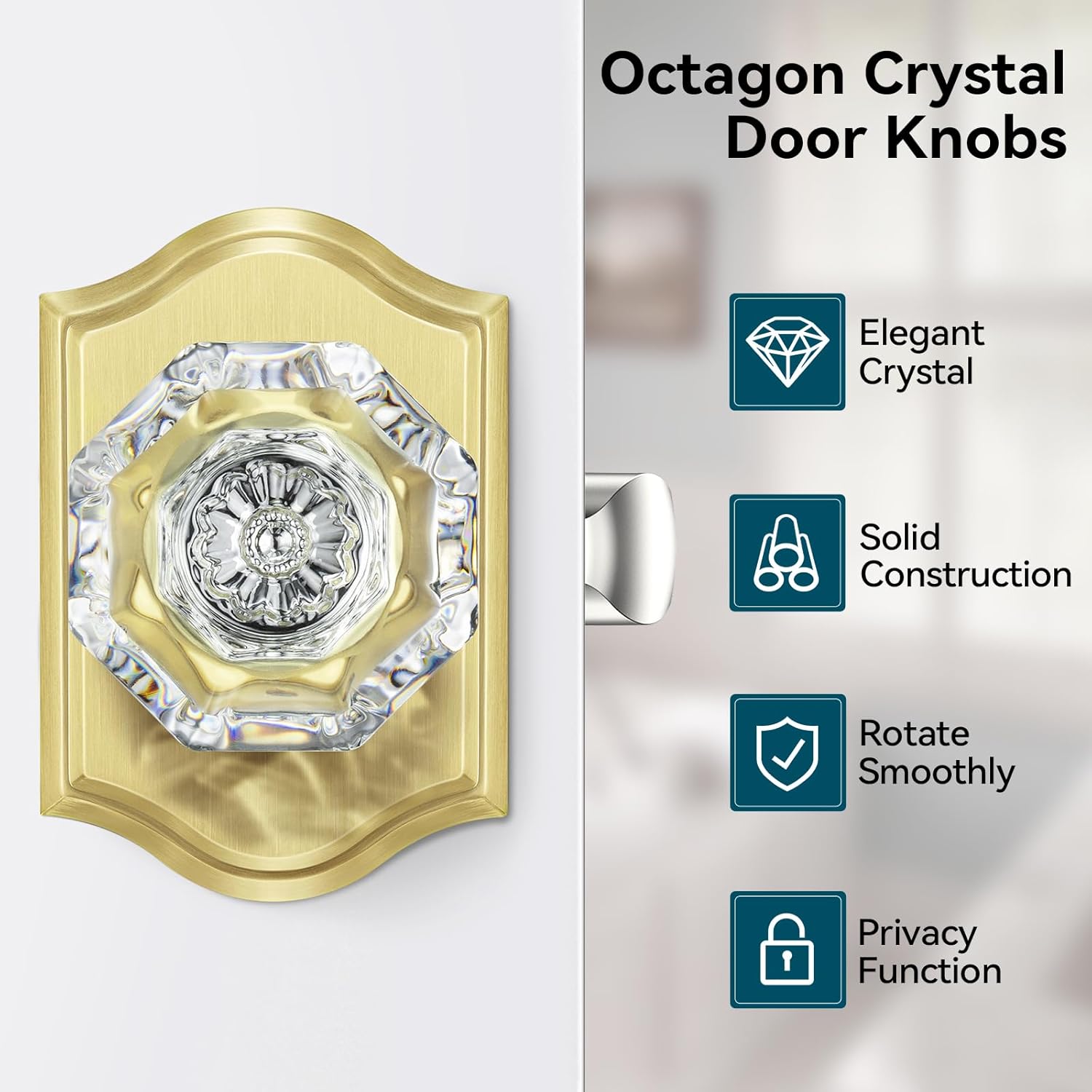 5 Pack Gold Glass Door Knobs, Octagon Crystal Door Knobs Interior with Lock, Satin Brass Glass Doorknobs for Bedroom Bathroom, Antique Crystal Door Knob Set