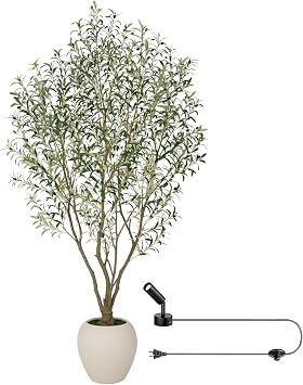 Nafresh 8FT Large Faux Olive Tree with 15Wx13.5H White Planter & Warm White Spotlight, Olive Trees Artificial Indoor with Multi Branches, Fake Olive Tree for Indoor Outdoor Home Office Decor