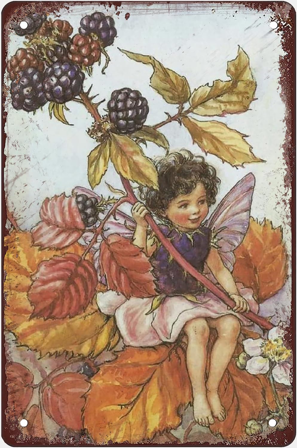 Pibonto Women's Wall Decor Retro Metal Aluminium Tin Signs The Blackberry Fairy Flower Fairies Vintage Wall Art Nursery Decor Fairy Home Decor Rustic For Living Room Kitchen Farm Decor Gift For Men 8X5.5 Inch