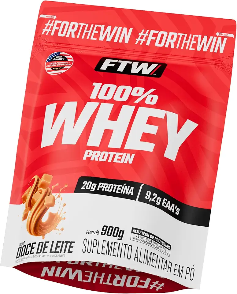 FTW 100% Whey Protein com Proteína Concentrada WPC, Suplemento Alimentar Pós-Treino em Pó com Fonte de Proteína do Soro do Leite, Alto Valor Biológico, Sem Glúten – Refil 900g (Doce de Leite)
