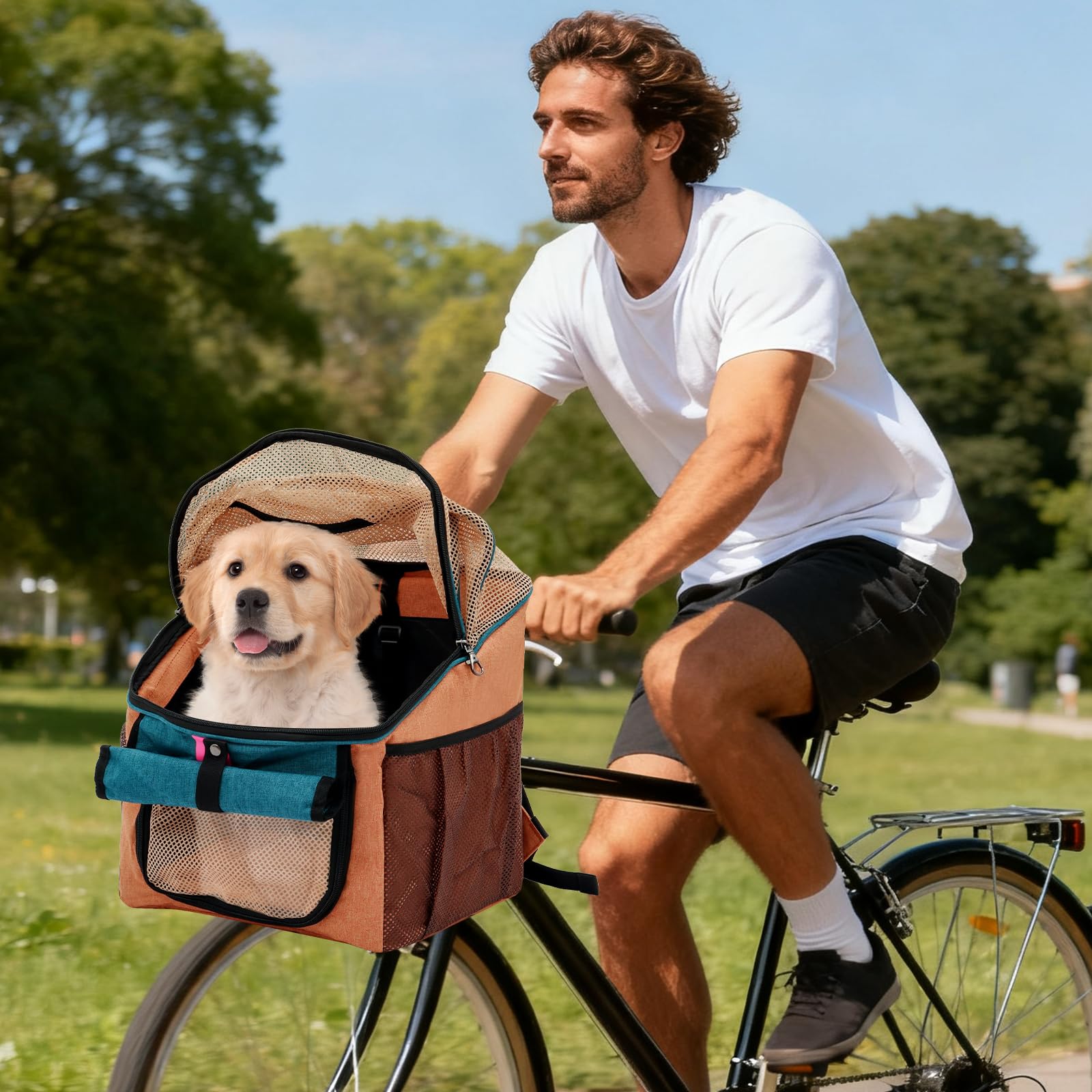 Kosz rowerowy dla psa z przodu, 2 w 1, składany plecak dla psa i plecak dla kota na rower, plecak dla zwierząt domowych, torba na rower górski, do 7,5 kg, PCW + tkanina Oxford (pomarańczowa)