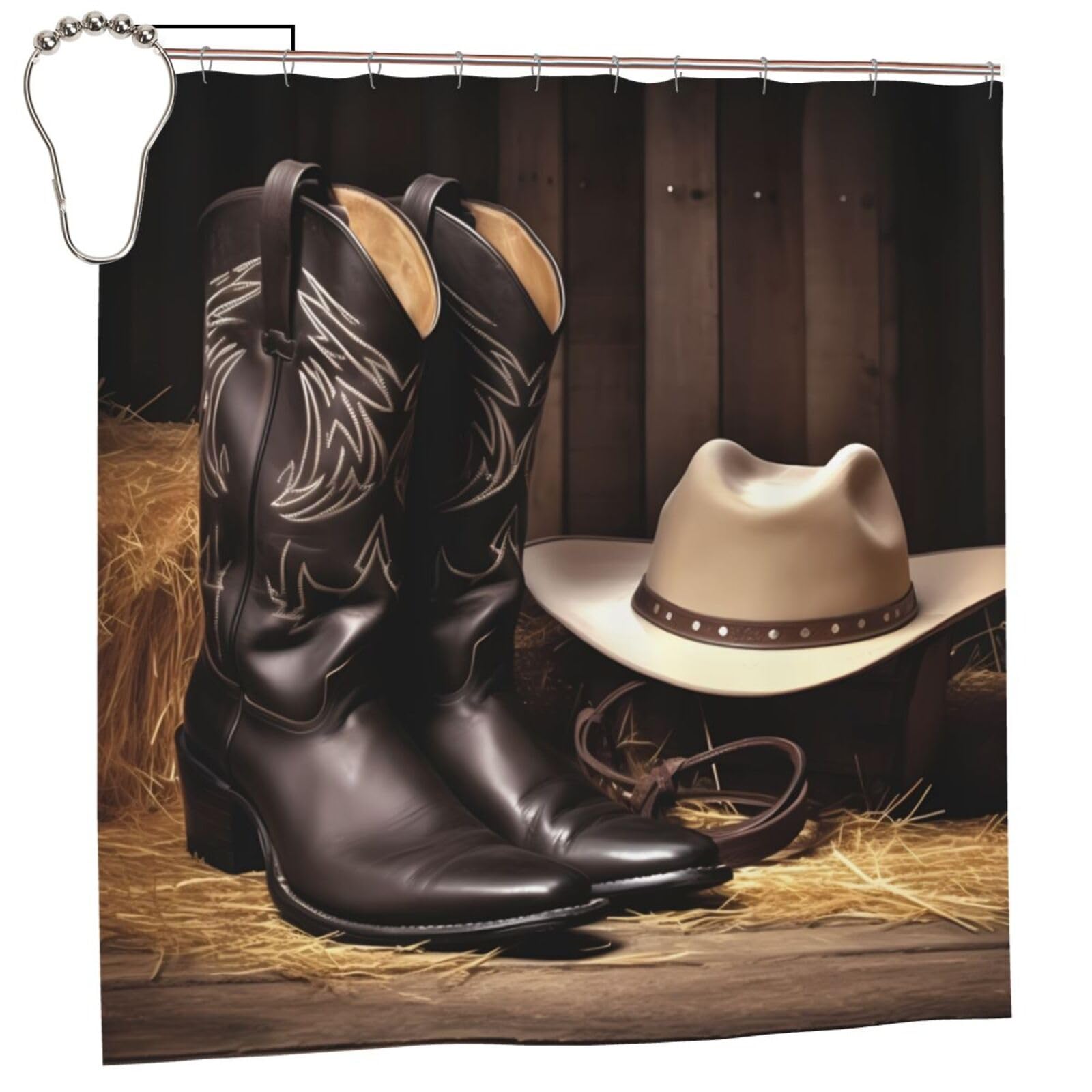 FodPand Cowboy Black Hat Western Boots Shower Curtain 70"x70" Waterproof Long Bathroom Curtain Heavy Duty Thick Cloth Bath Curtain Set with Hooks, Modern Abstract Art Pattern Bathroom Shower Curtains