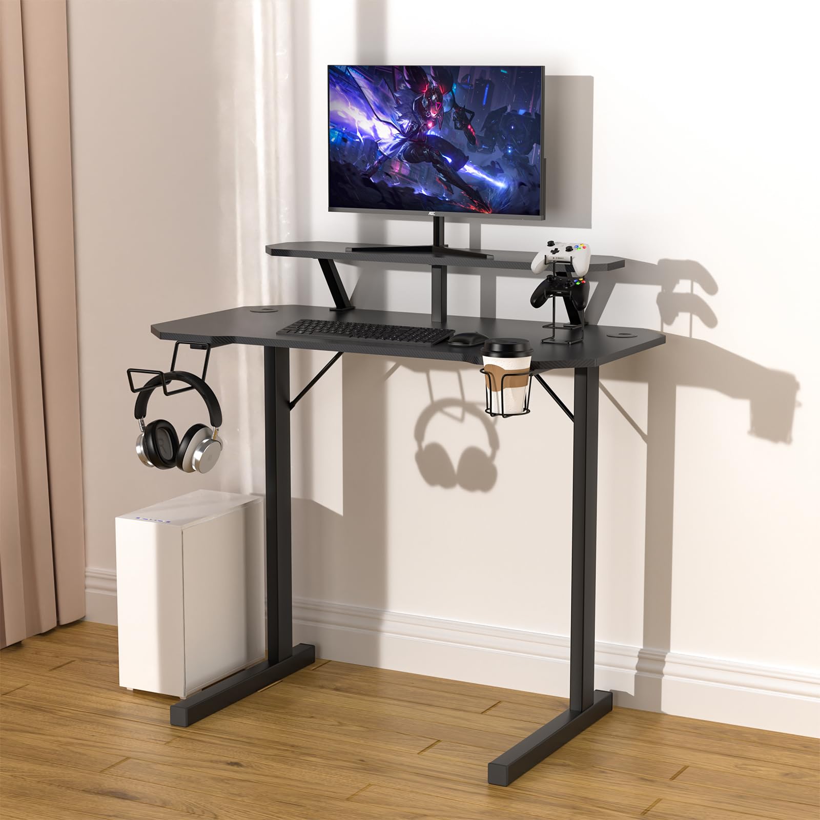 Mesa de Juegos con Soporte para Monitor, Escritorio en Forma de T, Negro, ergonómico, Revestimiento de Fibra de Carbono, Mesa para Gamepad con Soporte para Bebidas, Soporte para Auriculares
