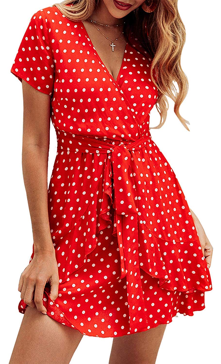 Women's V Neck Short Sleeve Striped Wrap Ruffle Hem A Line Beach Mini Dress with Belt