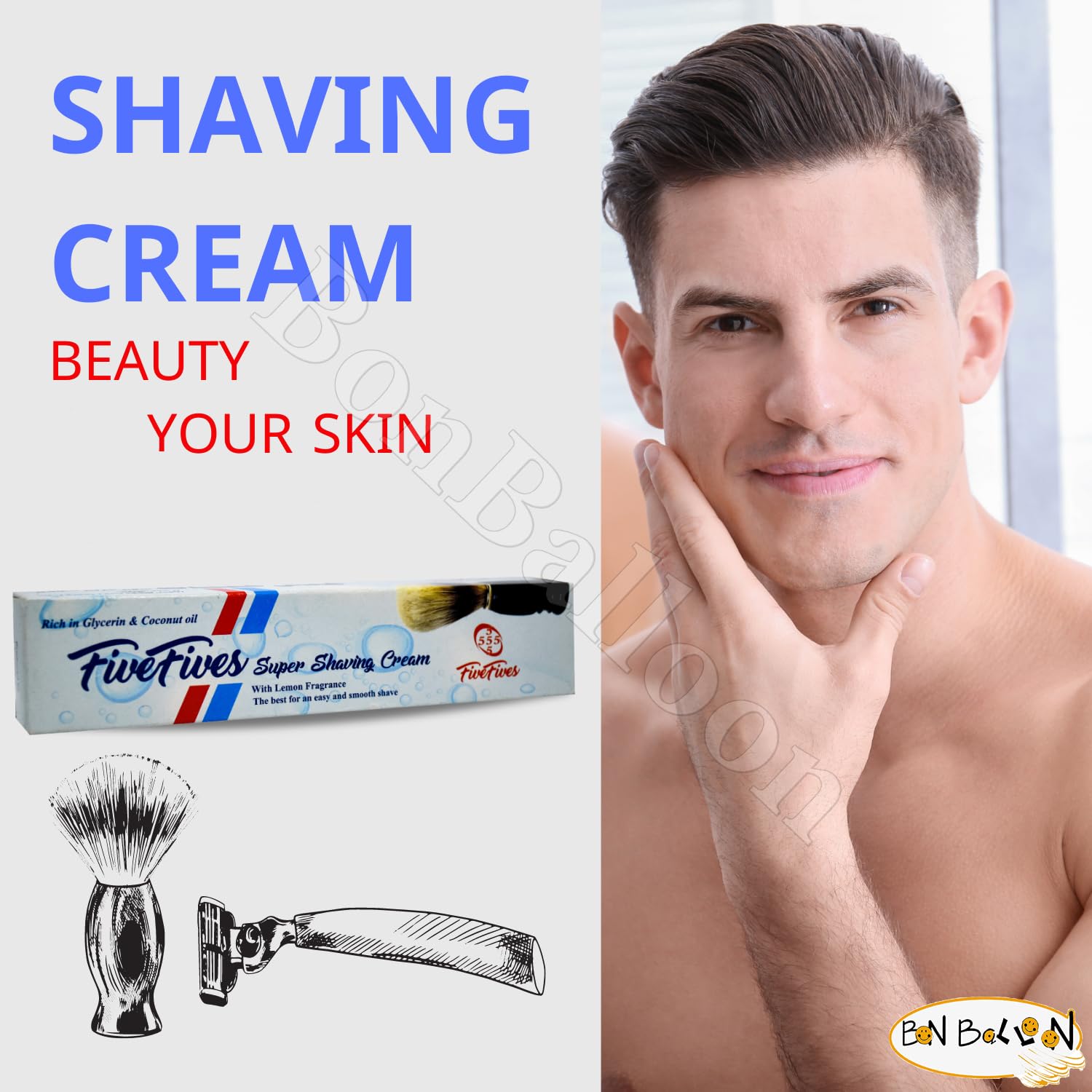 Bonballoon Five Fives - Crema da barba fresca 55555, ogni tubetto da 50 g, olio di cocco con glicerina, per una rasatura più morbida e rasata, 55555, Fabricad 50 g (confezione da 3)