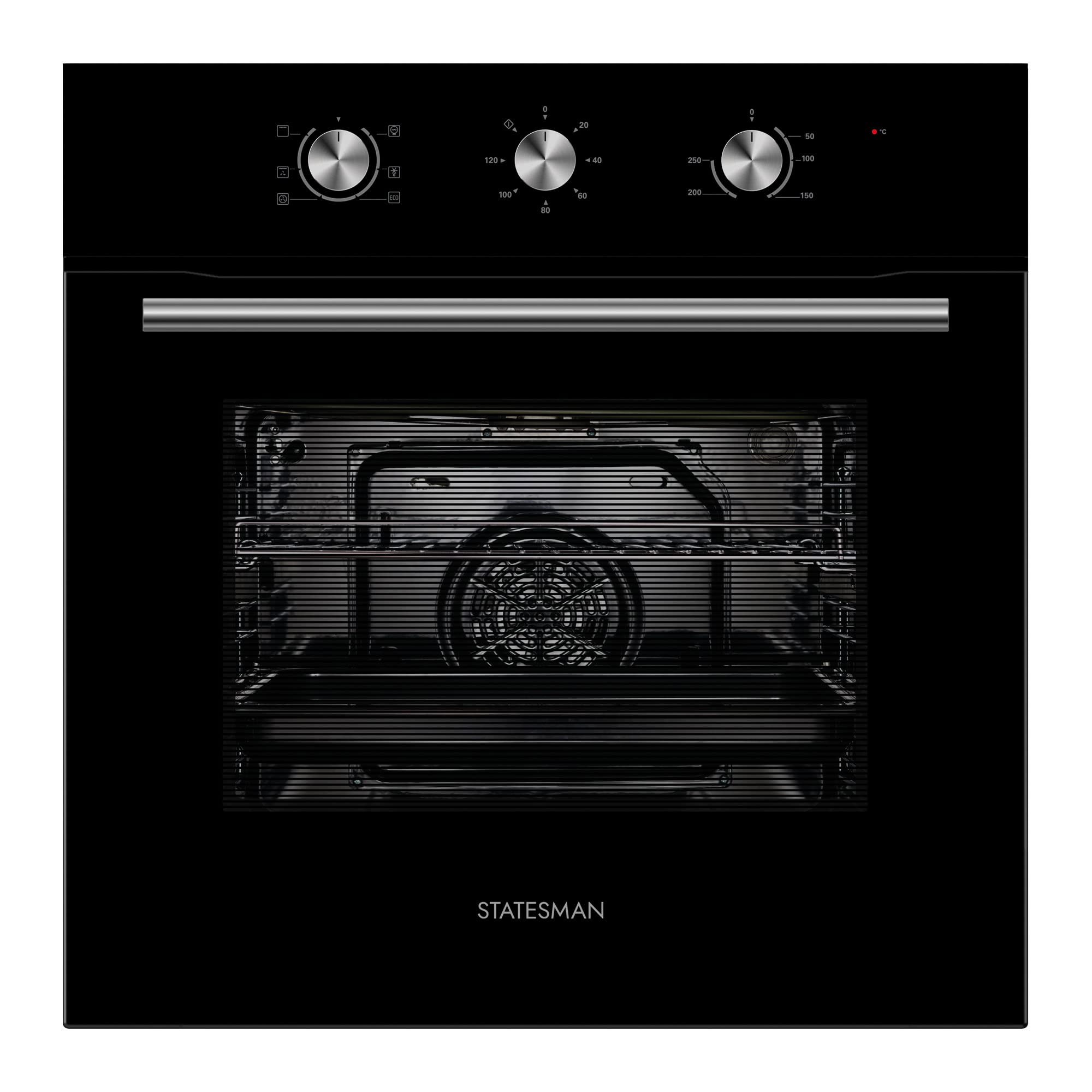 Statesman BSF160BL Built-In Single Cavity Fan Oven, 4 Cooking Functions, 2 Hour Timer, 70L, Black