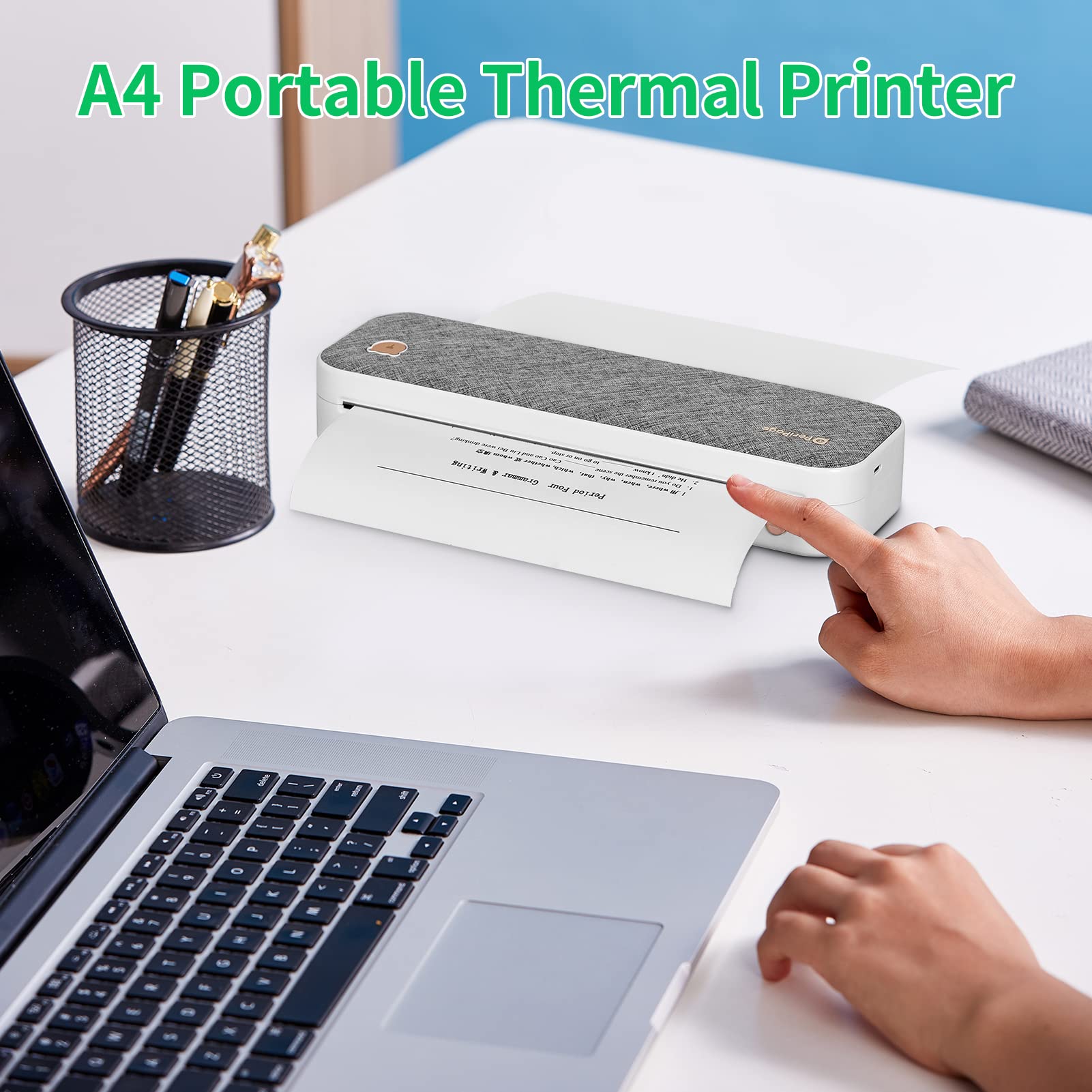 A4-Papierdrucker, direkte Thermoübertragung, kabelloser Drucker, mobiler 210-mm-Mini-Mobilfotodrucker, USB-BT-Verbindung, unterstützt 2''/3''/4'' Papierbreite, Drucken von PDF-Dateien,