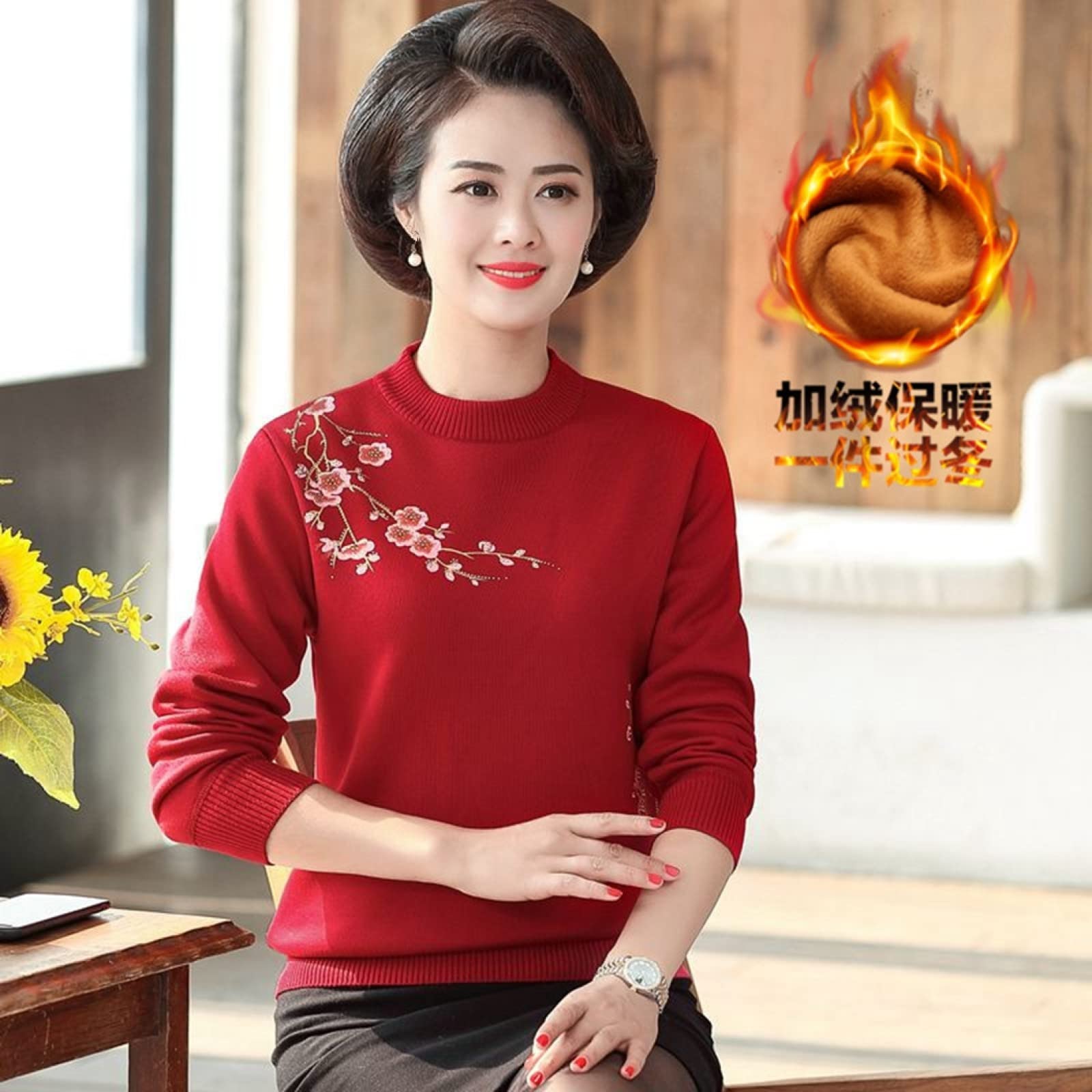 Suéter De Invierno para Mujer - Moda para Damas De Mediana Edad Y Ancianas, Además De Suéter Grueso De Terciopelo, Otoño E Invierno, Calidez, Tejido De Punto, Impresión De Moda, Madre Suelta,