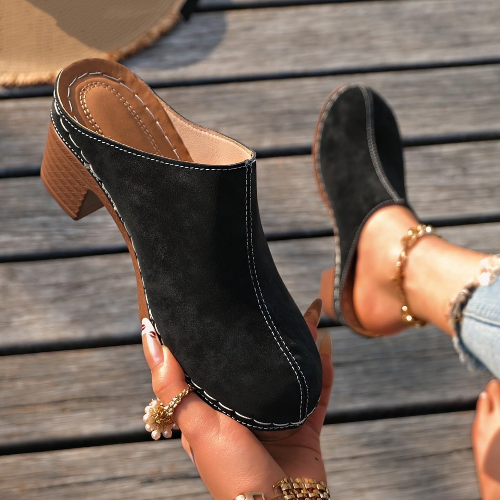 Generico Elegante Damen-Sandalen mit niedrigem Absatz – Damen-Sandalen vorne und offen hinten aus Wildleder, Vintage-Stil, große Schuhe und Plateauschuhe, elegant, leicht zu tragen, für den