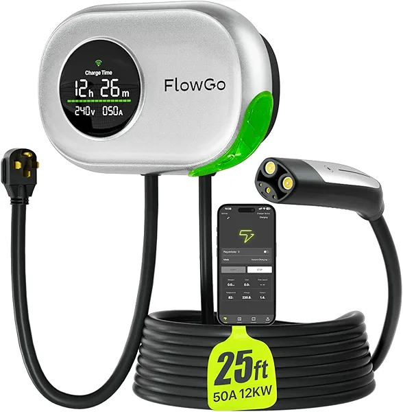 FlowGo Level 2 Charger for Tesla 50A Smart Home Charger NACS 240V Tesla Charger 50 Apms Large Motion-Activate Display Screen One-Piece Housing Metal Case 25 FT Cable NEMA 14-50 Plug