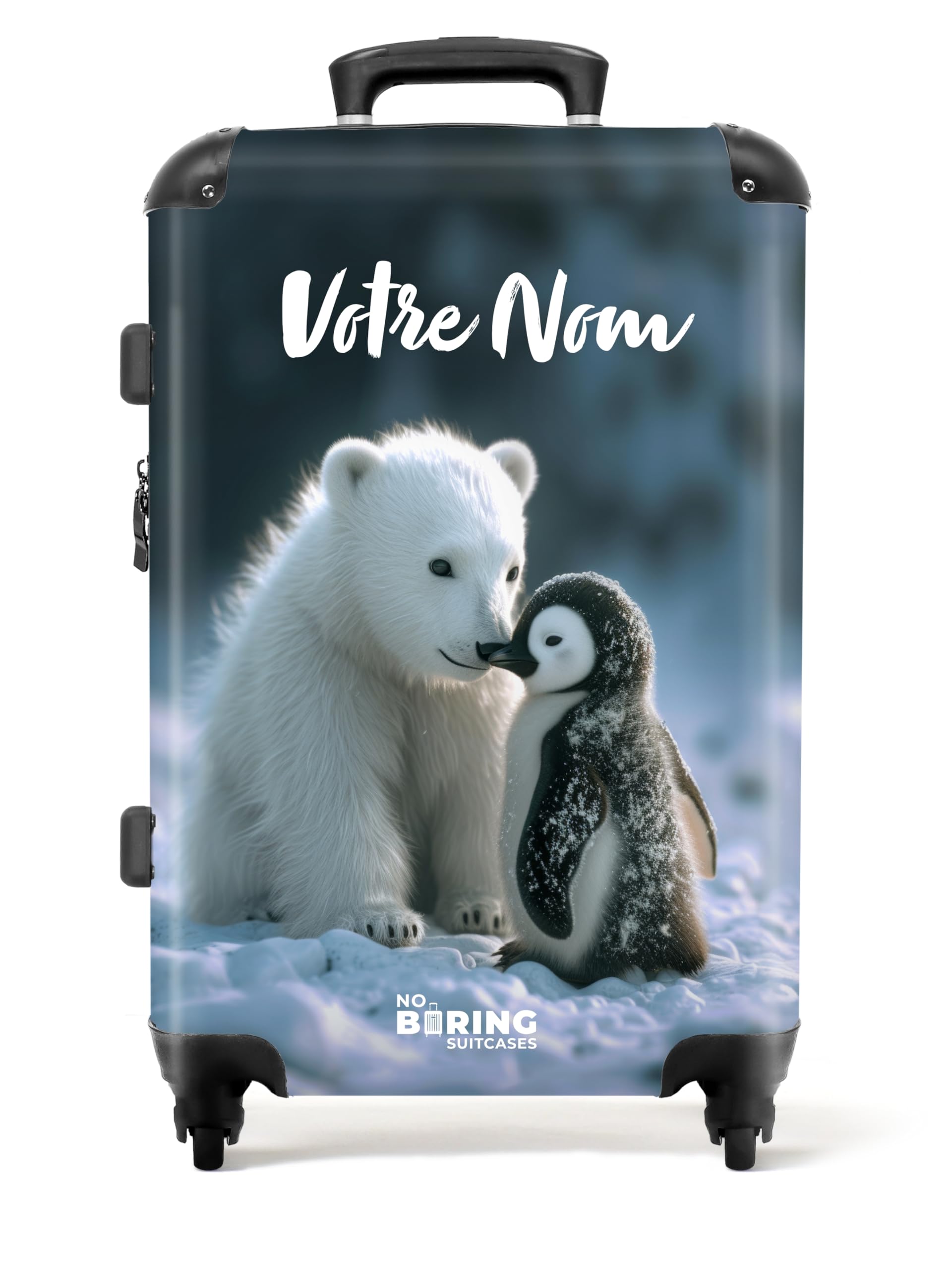 NoBoringSuitcases.com Valise Enfant, Grande Valise, Valise Personnalisable, Bagages Enfant, Serrure TSA, Valise 23kg, Taille M, Valise Grande Taille (67cm - 72L), (Ours Polaire, Pingouin - Blanc)