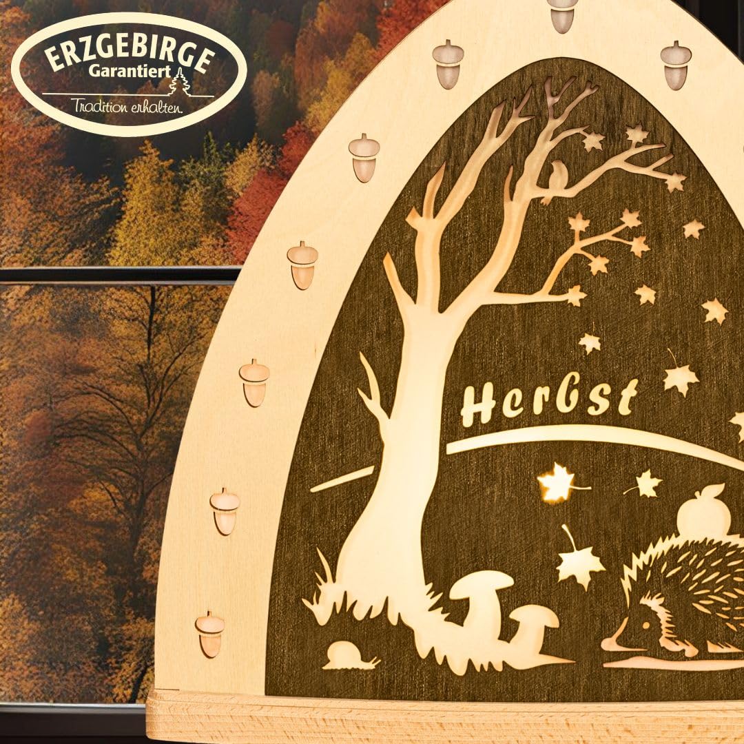 weigla - Dekoleuchte original Erzgebirge I Motiv Herbst I 1 LED Lampe I 0,8 W, E14 I Herbstdeko innen I Herbstbeleuchtung aus Holz I Fensterdeko
