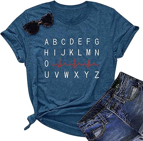 Nurse Shirt Women Nursing Tshirt ABC Alphabet Print Graphic Tee Tops Nursing School Gift T-Shirt Blouse