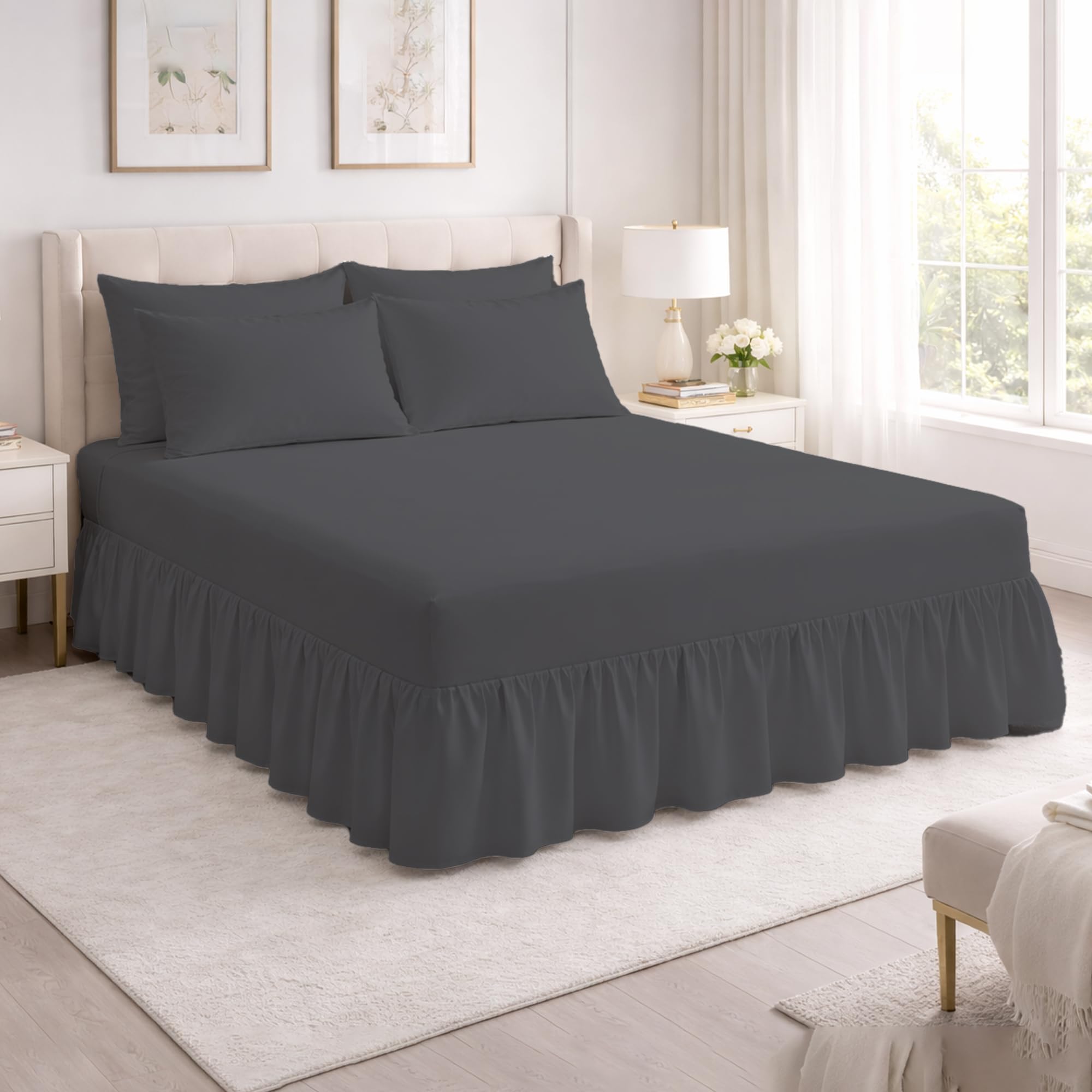 Reliancebedding Charcoal Double Valance Fitted Sheet 100% Egyptian Cotton 400Tc Luxury Frilled