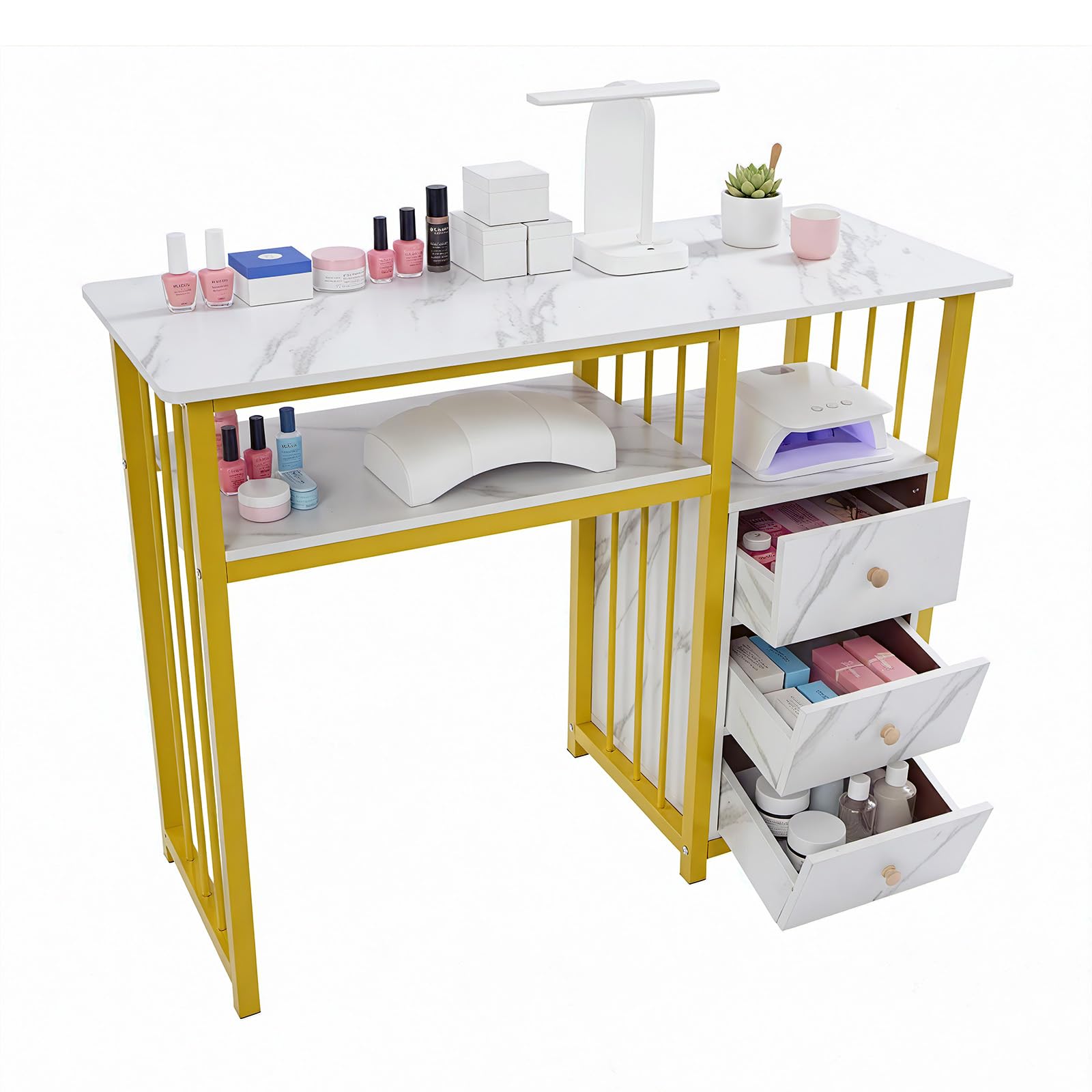 Mesa de manicura con 3 cajones, 100 x 40 x 76 cm, mesa de manicura moderna, escritorio de uñas con estantes, mesa de manicura rectangular portátil para salón de belleza, spa en casa y