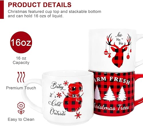 Miniatura 4 de Juego de 6 tazas de cerámica de Navidad, 16 onzas, color rojo y negro, tazas de café de Navidad apilables como regalo de Navidad para familiares,