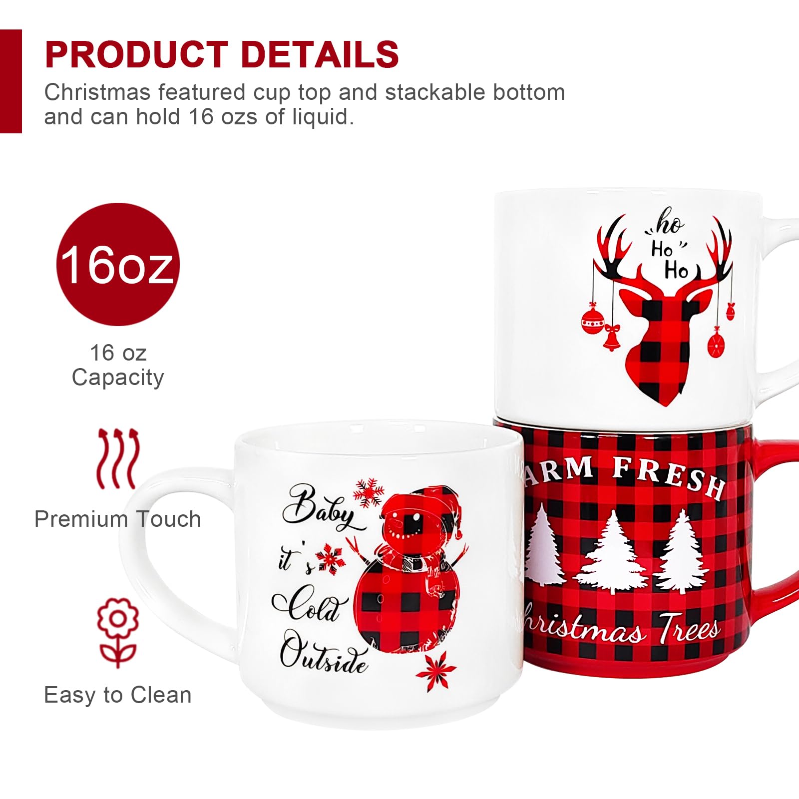 QIKSION Ceramiczny kubek bożonarodzeniowy zestaw 6 sztuk, 470 ml, czerwony czarny krata świąteczny kubek do kawy, można układać w stos, jako prezenty świąteczne dla rodziny, przyjaciół i kolegów