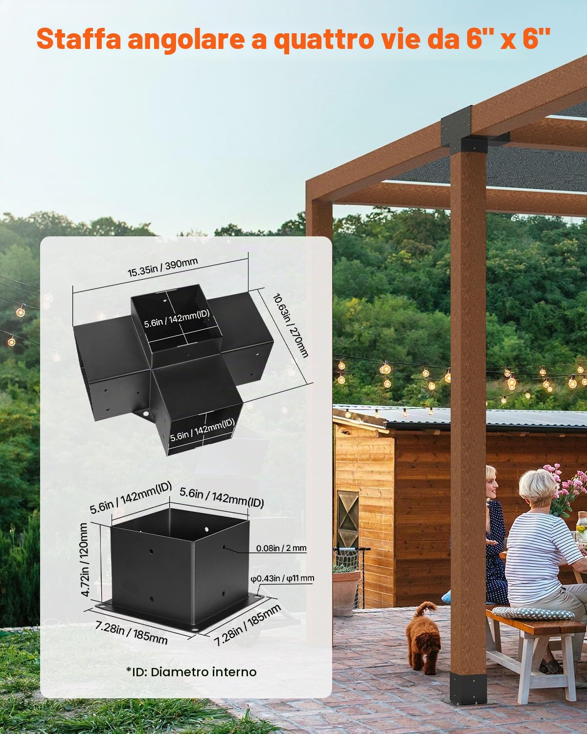 VEVOR Kit Staffe per Pergolato, ca. 152 x 152 mm, Adatto per Interna 14x14 cm, 4 Pezzi a 4 Vie, Kit Base per Pali in Legno, Travi in Legno di Facile Installazione per Gazebo, Pergola da Giardino