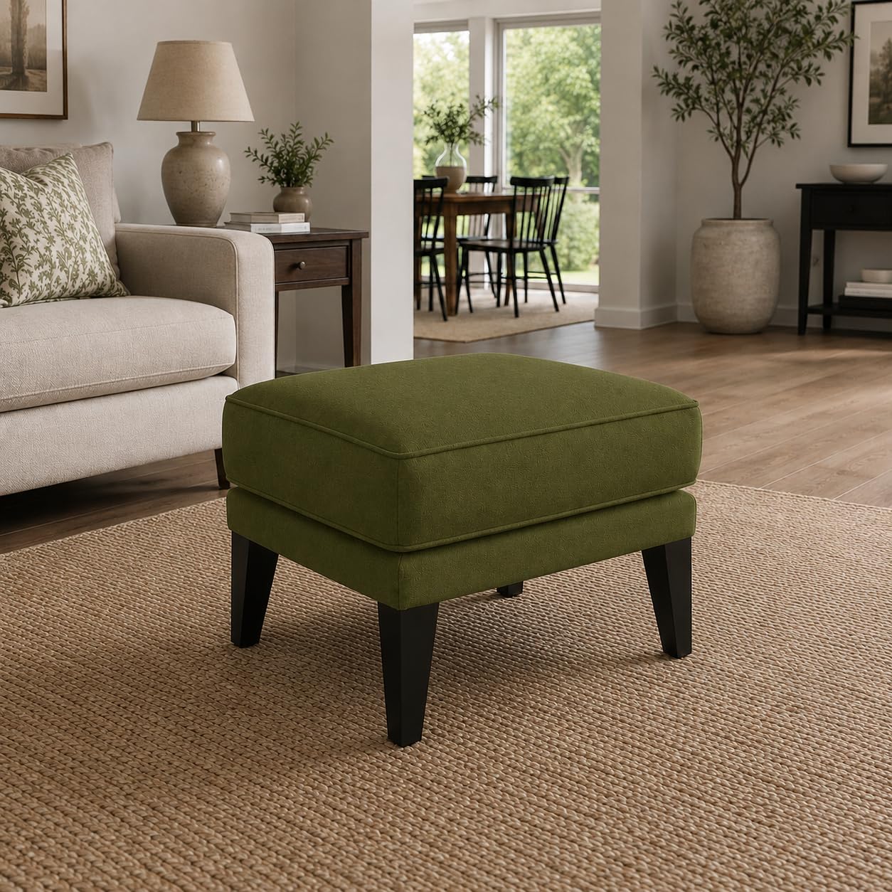HAYASHI Modern Upholstered Ottoman Footstool, Cream White, Wooden Legs, 58 x 46 x 42 cm, Cushioned Accent Stool (Olive Green)-image-25