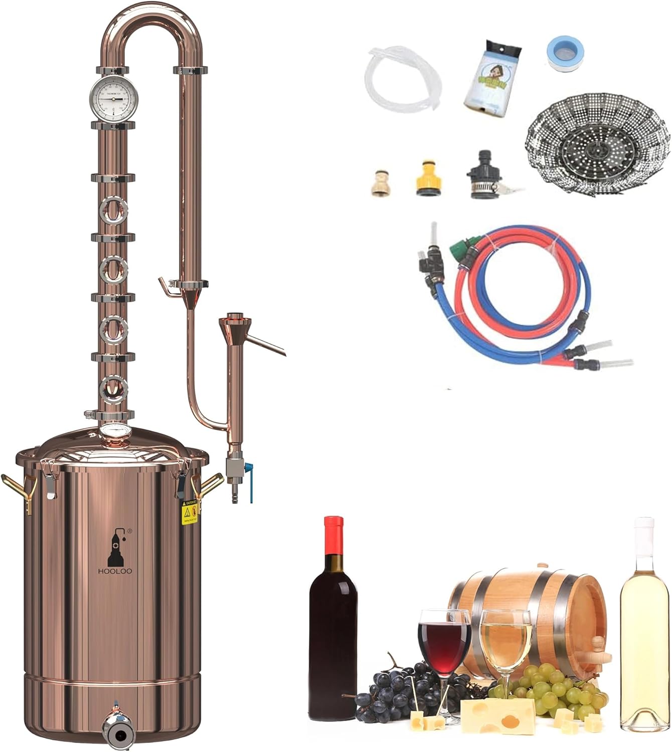 HOOLOO CU30 24L 6.3 Gal Alcohol Distiller Pure Copper Alcohol Still Wine Making Boiler moonshine still Home Distilling Kit with Thermometer for Whiskey Brandy Rum
