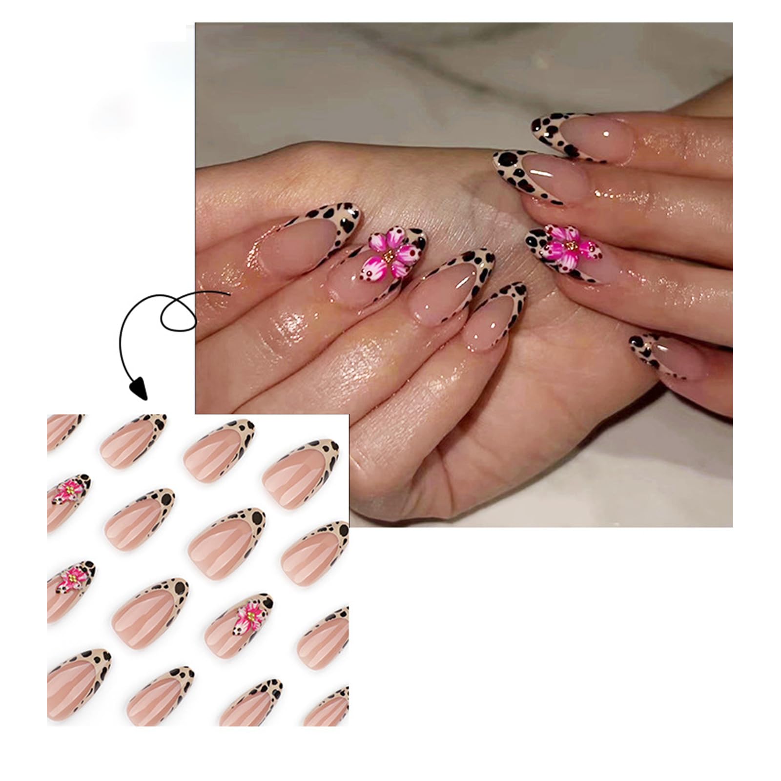 Unghie finte a mandorla corta a pressione sulle unghie finte floreali leopardi francesi unghie acriliche set unghie alla moda decorazione per le donne