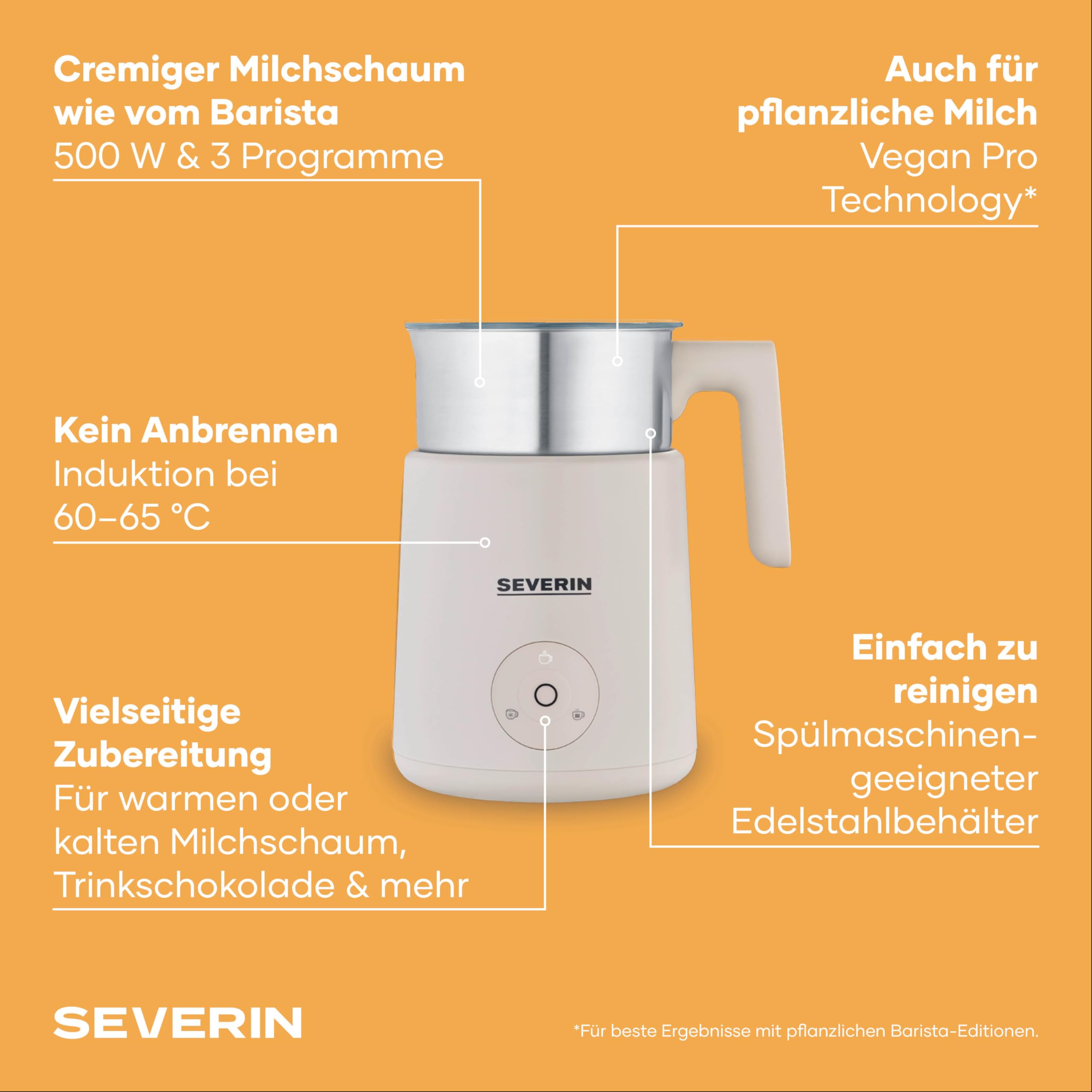 Severin Design Induktions-Milchaufschäumer, elektrischer Milchschäumer mit Edelstahlbehälter, kaltes und warmes Aufschäumen, Schokoladen-Funktion, geeignet für vegane Milch, Aesthetic, beige, SM 3589