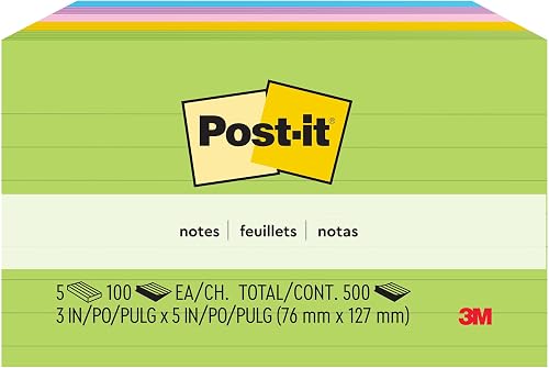 Post-it Notes, 3 in x 5 in, 5 Lined Sticky Notes Pads, 100 Sheets per Pad, Floral Fantasy Collection, School Supplies and Office Products