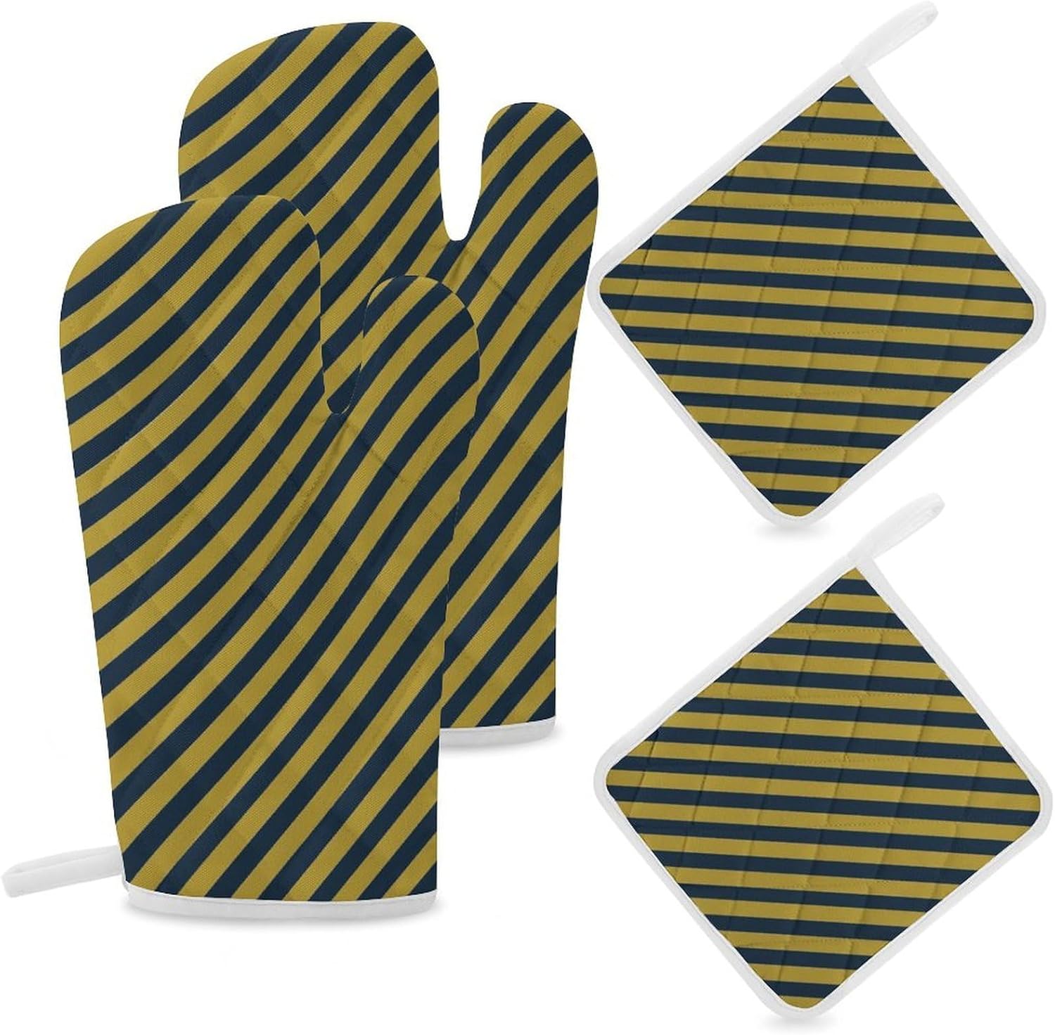 Blue and Yellow Stripes Oven Mitts and Pot Holders 4Pcs Set Heat Resistant Cooking Mitts Hot Pads