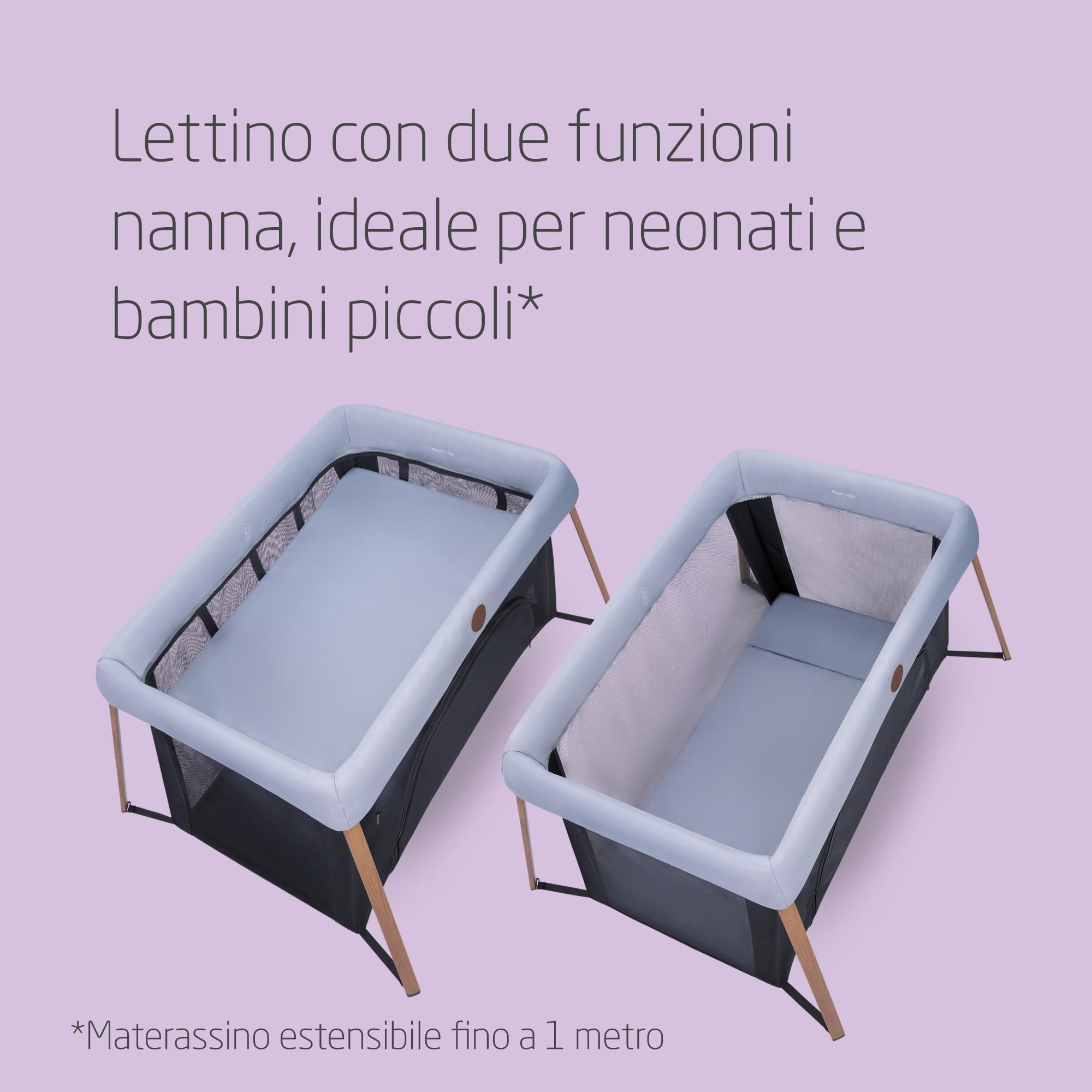 Maxi-Cosi Iris2, 2 in 1 Culla da Campeggio Neonato, 0-3 anni, 0-15 kg, Lettino da Viaggio Compatto, 2 Livelli, Finestra, Pieghevole e Leggero, Materassino Estensibile, Eco Care, Essential Grey