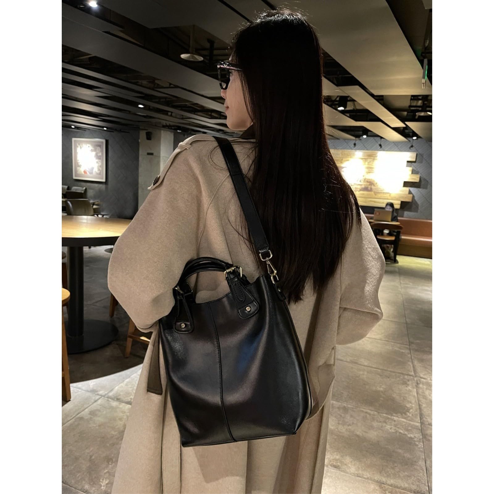 HJDMO Borsa a secchiello in vera pelle per le donne borsa a secchiello con chiusura a cerniera borsa a tracolla con tasche multiple borsa quotidiana per street style nero