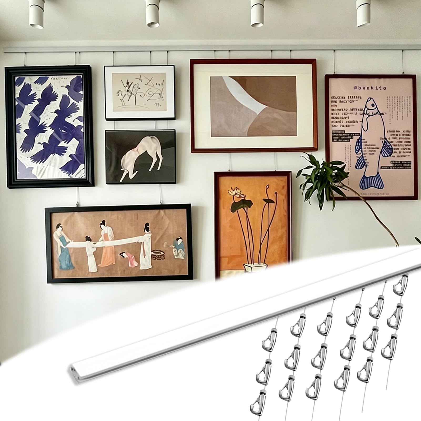 Cimaise pour Tableau Rail de Suspension avec Câble de 3 m et Crochets Multiples, Système d'accrochage Mural Moderne et Ajustable pour Tableaux, Rails d'affichage Photo(2pcs-9.8'/3mCab,24"/60cmTrk)
