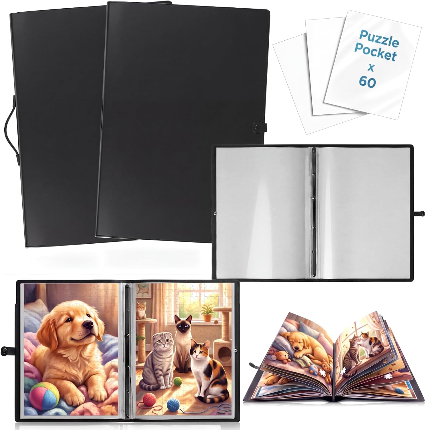 2 Pack 60 Pockets 28 x 20.8'' Puzzle Binder Space-Saving Storage for 500-1000 Piece Collection Folder Puzzles Book Holder Puzzle Portfolio for Jigsaw Lover Birthday Gift(Regular,Black)