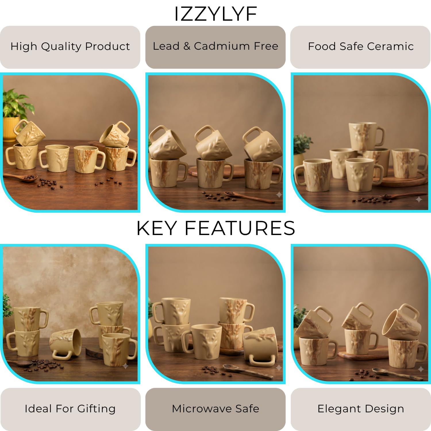 6 Ceramic Tea Cups - Microwave & Dishwasher Safe -3