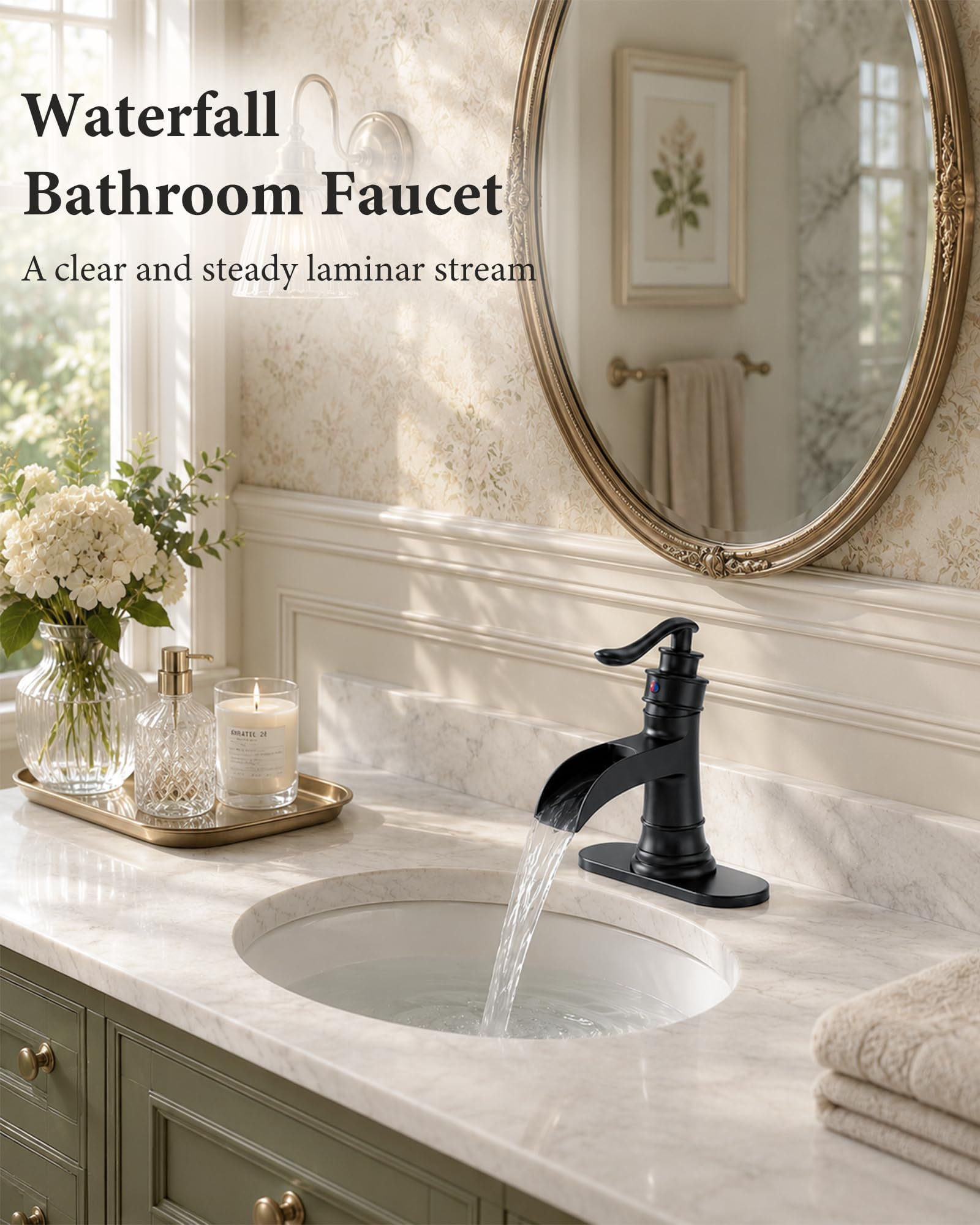 Rubinetto da bagno nero opaco a cascata Lavabo da fattoria Vanity Rubinetti a foro singolo Bacino con una maniglia Centro antico con tappo di scarico pop-up Miscelatore Rubinetto trabocco Linea di