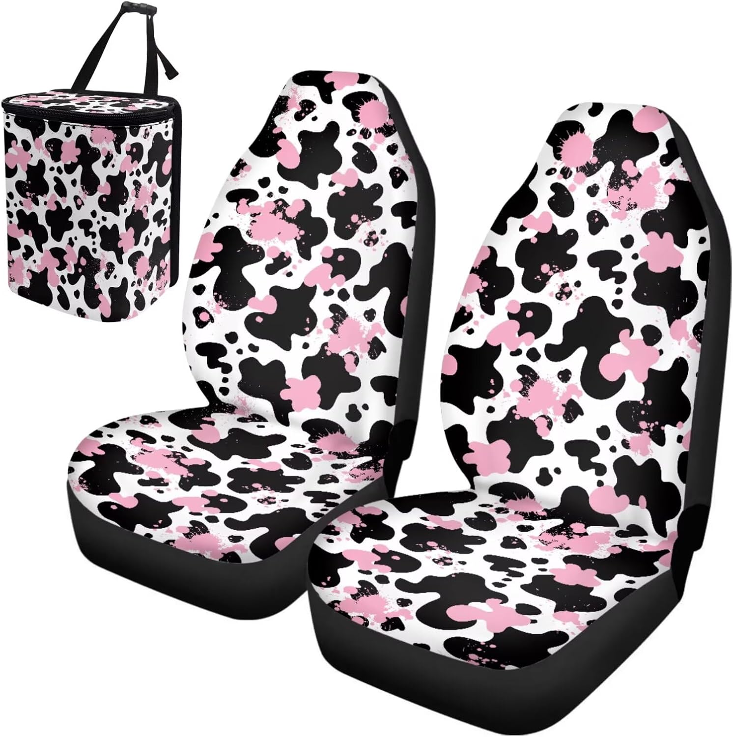 Pink Cow Print Car Seat Covers 2pcs/Set Stretch Front Seats Covers and 1 Car Trash Can Car Interior Protector Auto Bucket Seat Cover
